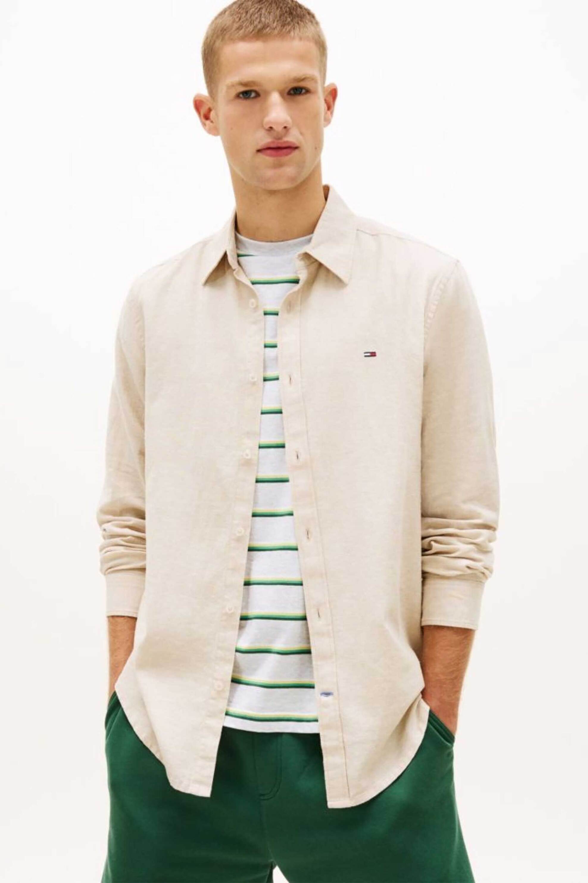 Tommy Jeans ανδρικό πουκάμισο με λινό με λογότυπο Regular Fit - DM0DM22761 Μπεζ