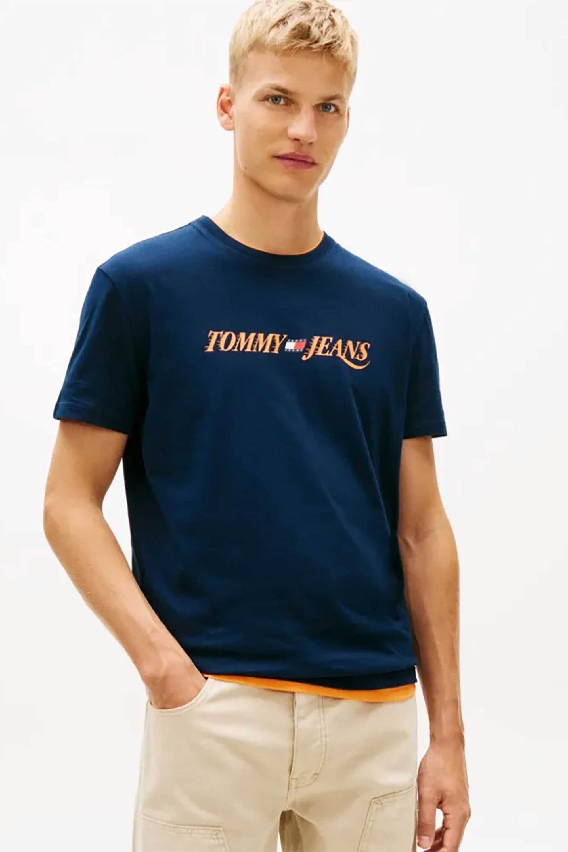 Tommy Jeans ανδρικό T-shirt με λογότυπο Regular Fit - DM0DM22548 Μπλε Σκούρο