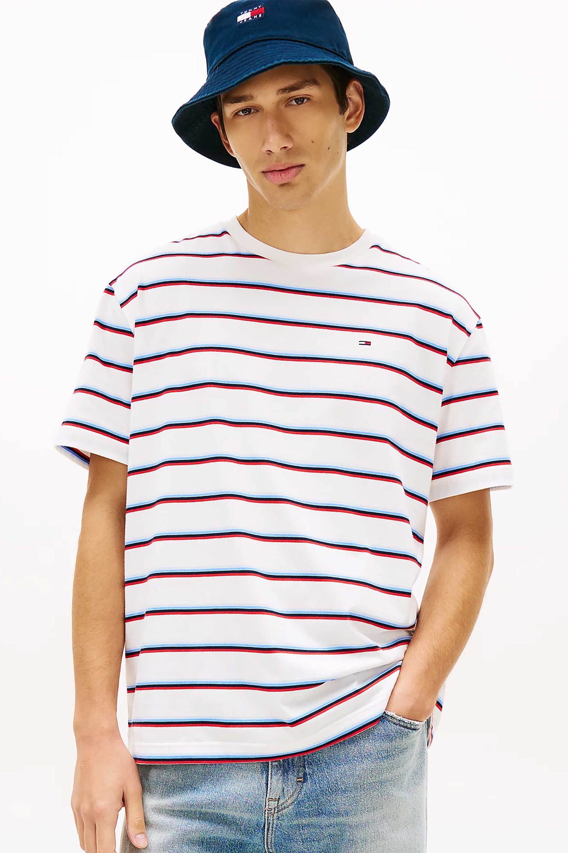 Tommy Jeans ανδρικό T-shirt ριγέ με λογότυπο Relaxed Fit - DM0DM22516 Εκρού
