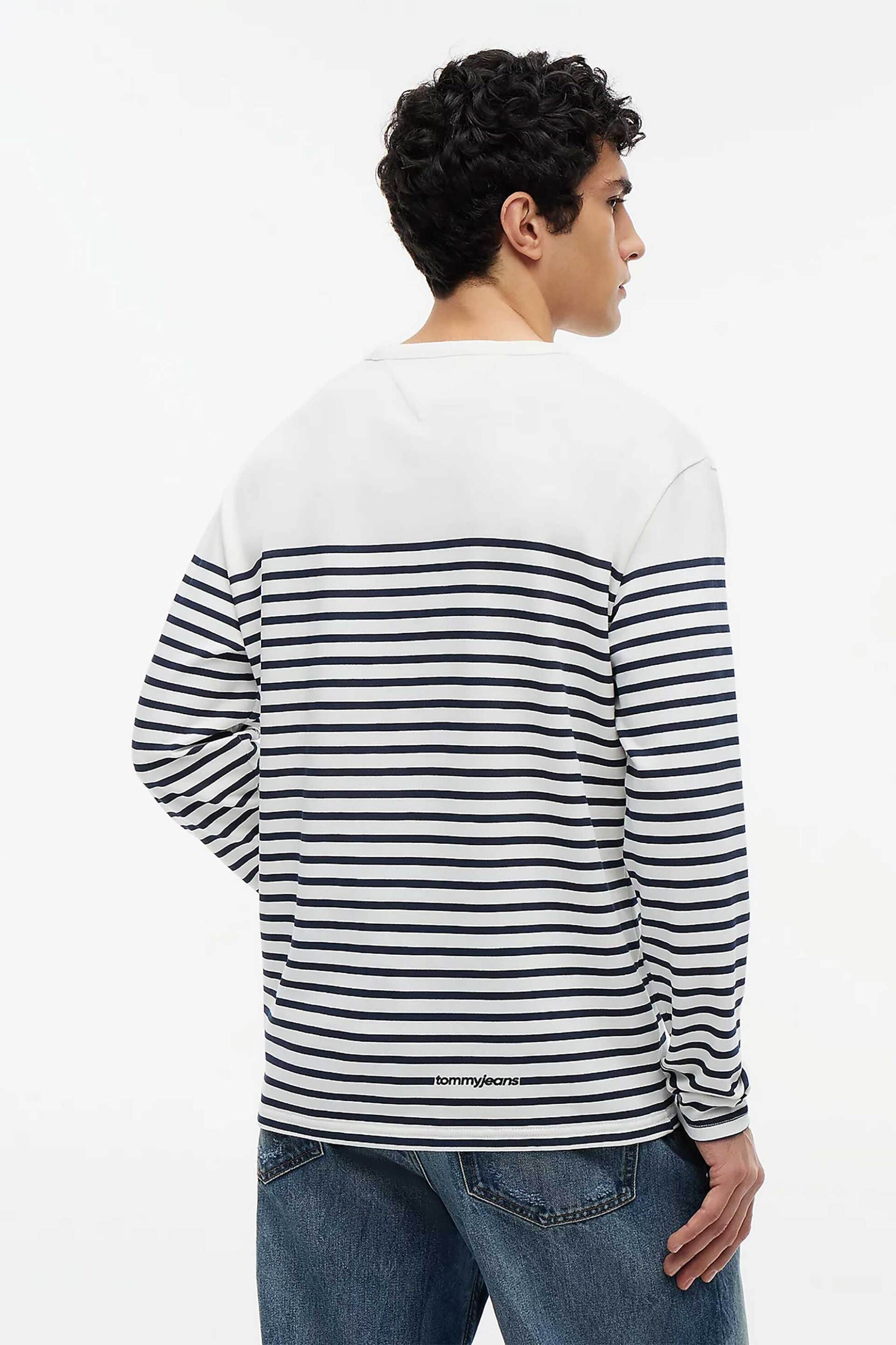 Tommy Jeans Ανδρική Μακρυμάνικη Μπλούζα με Ριγέ Σχέδιο Regular Fit - Dm0Dm23183 Λευκό