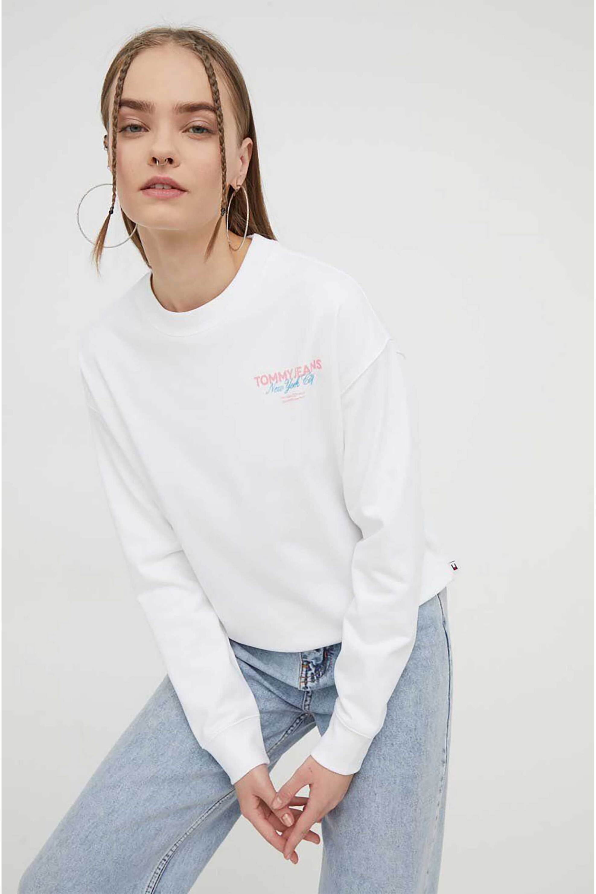 TOMMY JEANS Tommy Jeans γυναικεία μπλούζα φούτερ μονόχρωμη με λογότυπο και lettering Boxy Fit - DW0DW17336 Λευκό