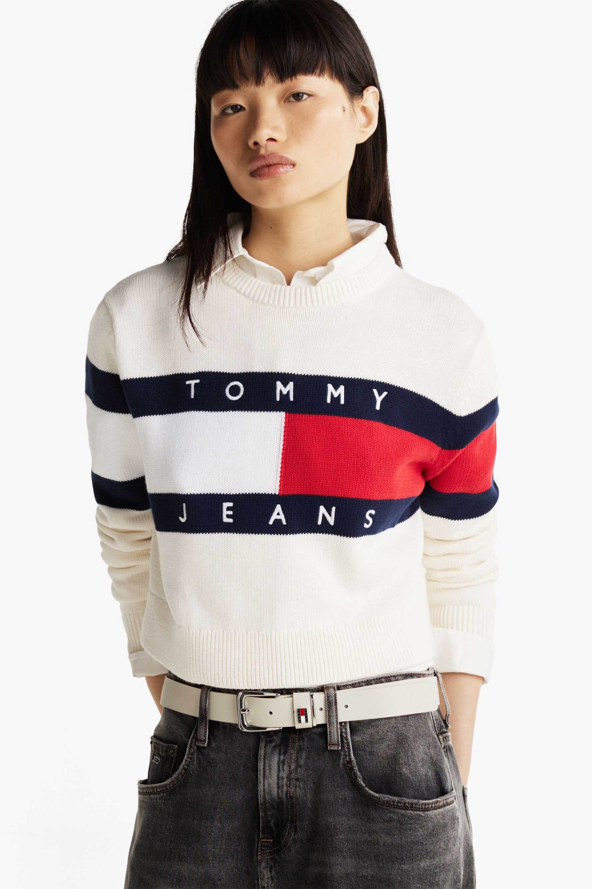  Tommy Jeans γυναικείο πουλόβερ με λογότυπo Relaxed Fit - DW0DW19335 Λευκό 2025