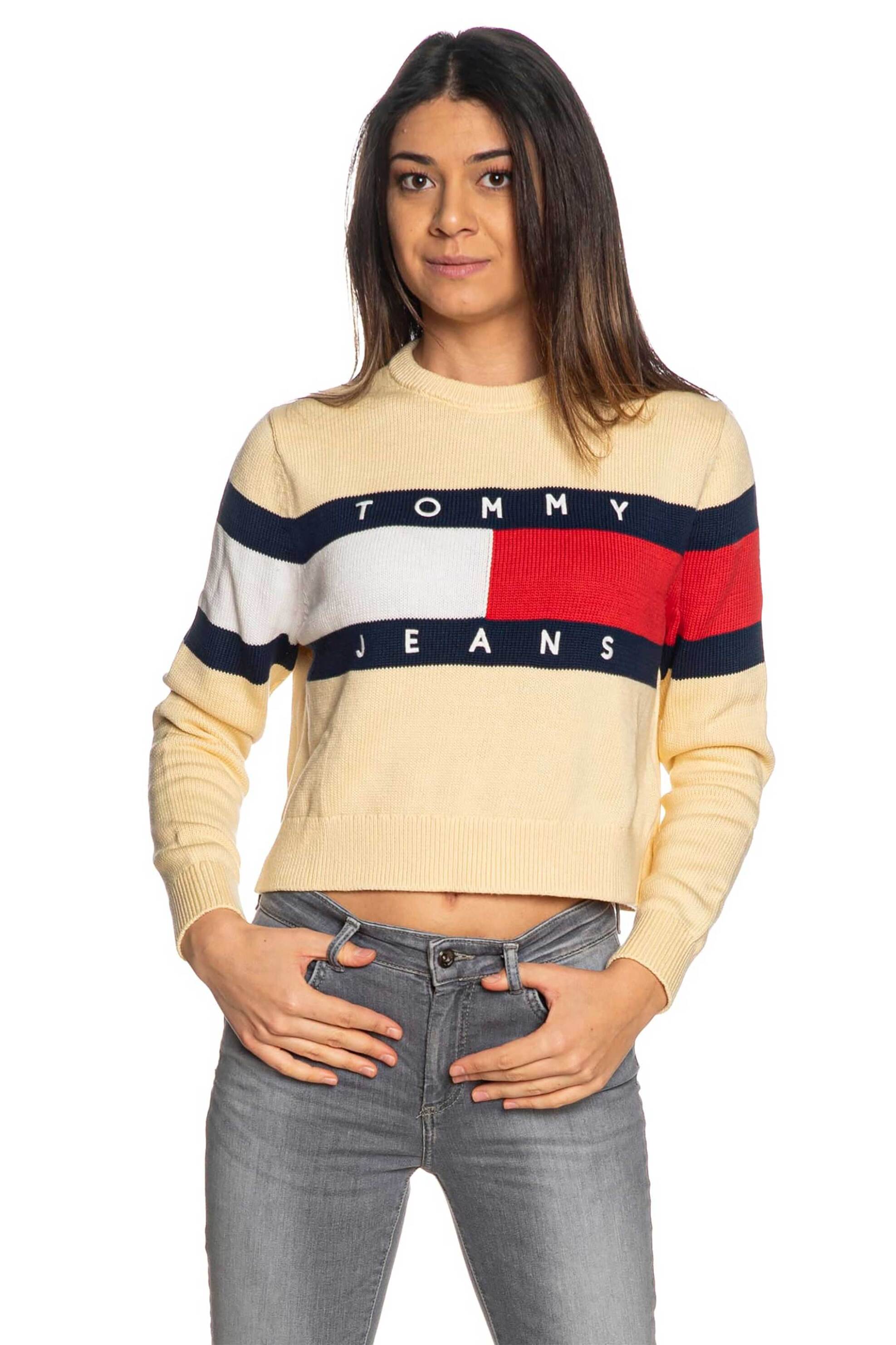  Tommy Jeans γυναικείο πουλόβερ με λογότυπo Relaxed Fit - DW0DW19335 Μπεζ 2025