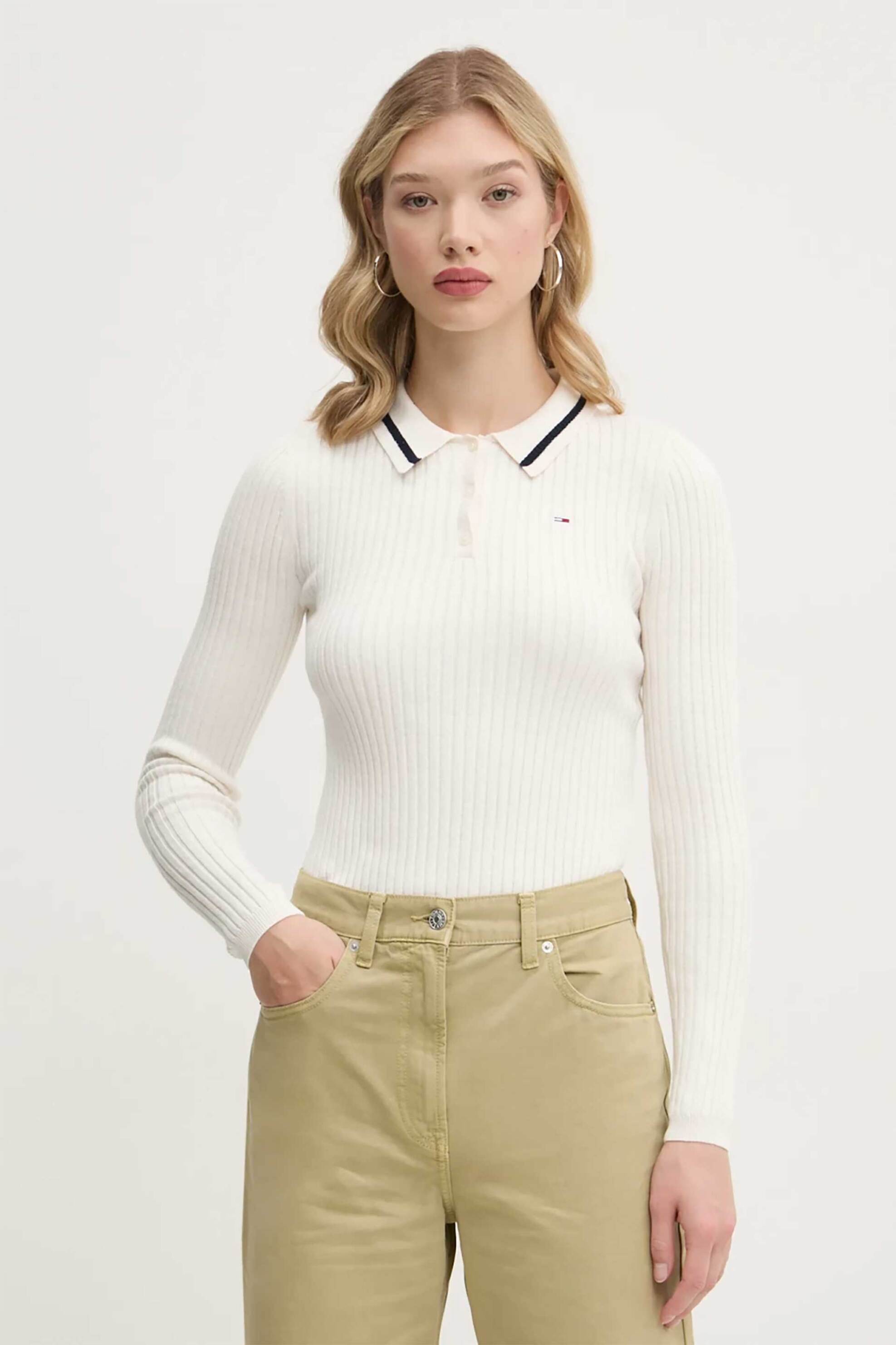  Tommy Jeans γυναικείο πουλόβερ πόλο ribbed με λογότυπο - DW0DW19887 Λευκό 2025
