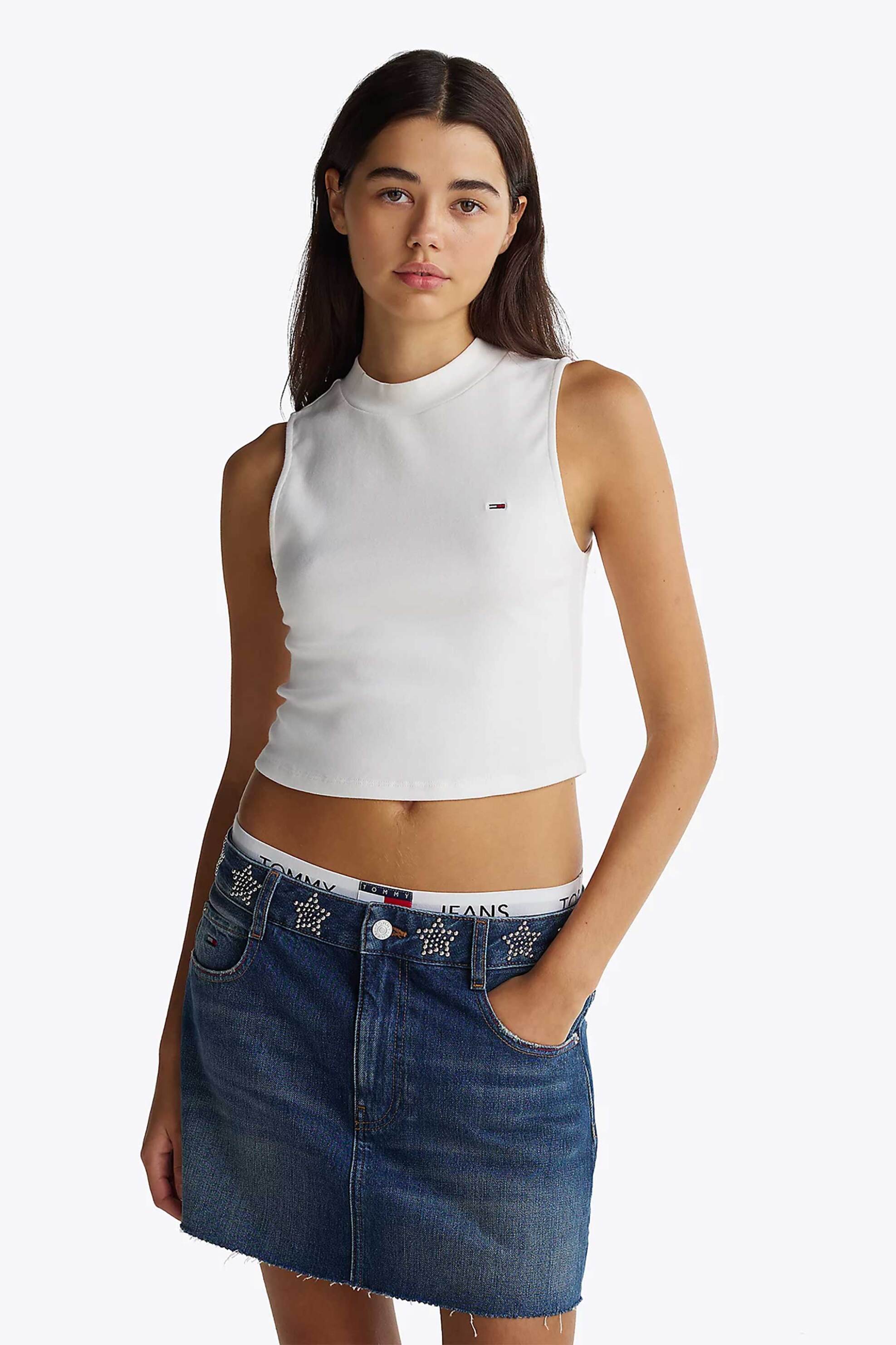 Tommy Jeans γυναικείο αμάνικο τοπ με λογότυπο στο στήθος cropped Slim Fit - DW0DW20177 Λευκό