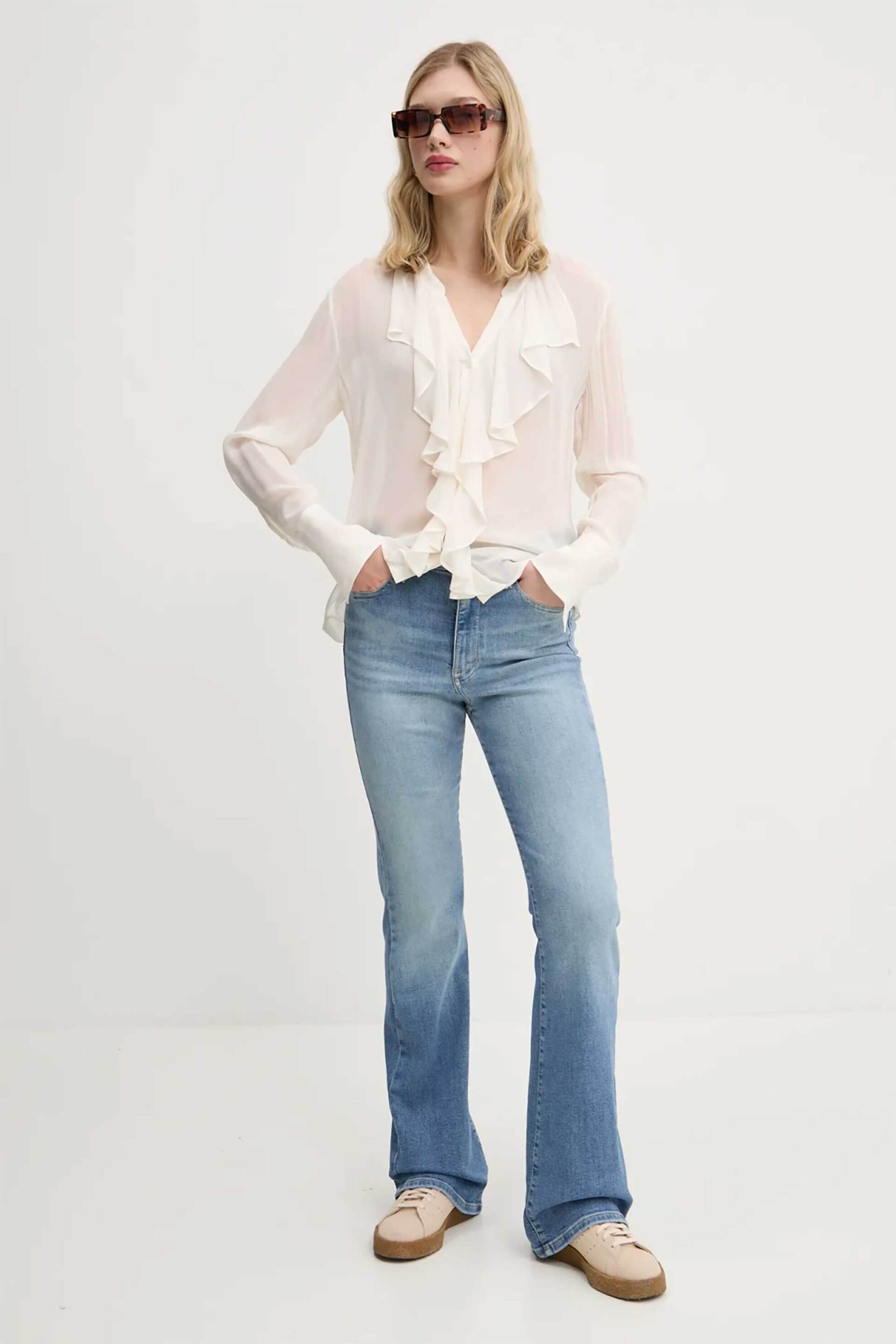  Tommy Jeans γυναικείο ψηλόμεσο τζιν παντελόνι καμπάνα με logo patch - DW0DW20218 Denim Blue Ανοιχτό 2025