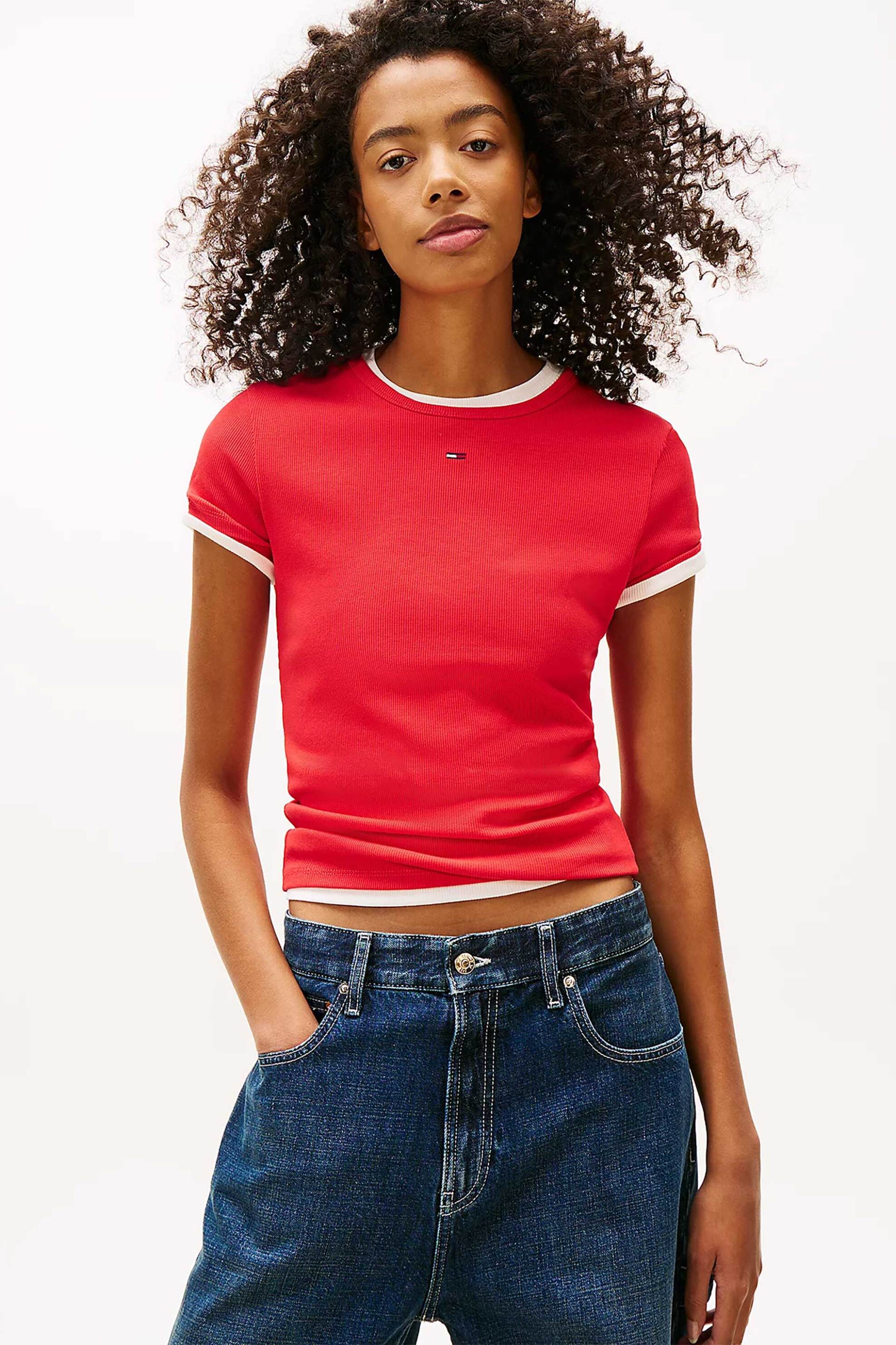 TOMMY JEANS Tommy Jeans γυναικείο T-shirt ribbed με κεντημένο λογότυπο Slim Fit - DW0DW17383 Κόκκινο