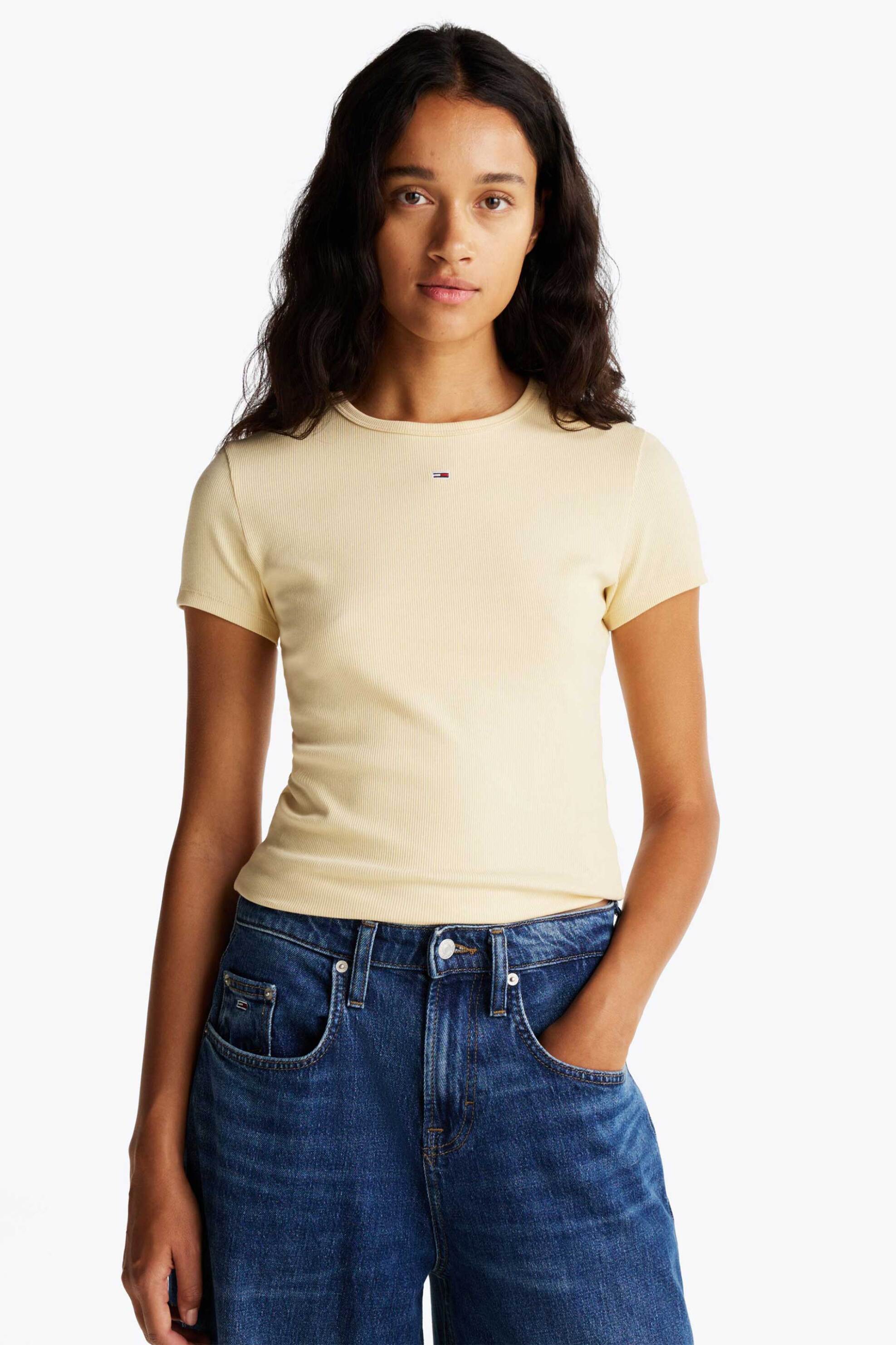  Tommy Jeans γυναικείο T-shirt ribbed με κεντημένο λογότυπο Slim Fit - DW0DW17383 Μπεζ 2025