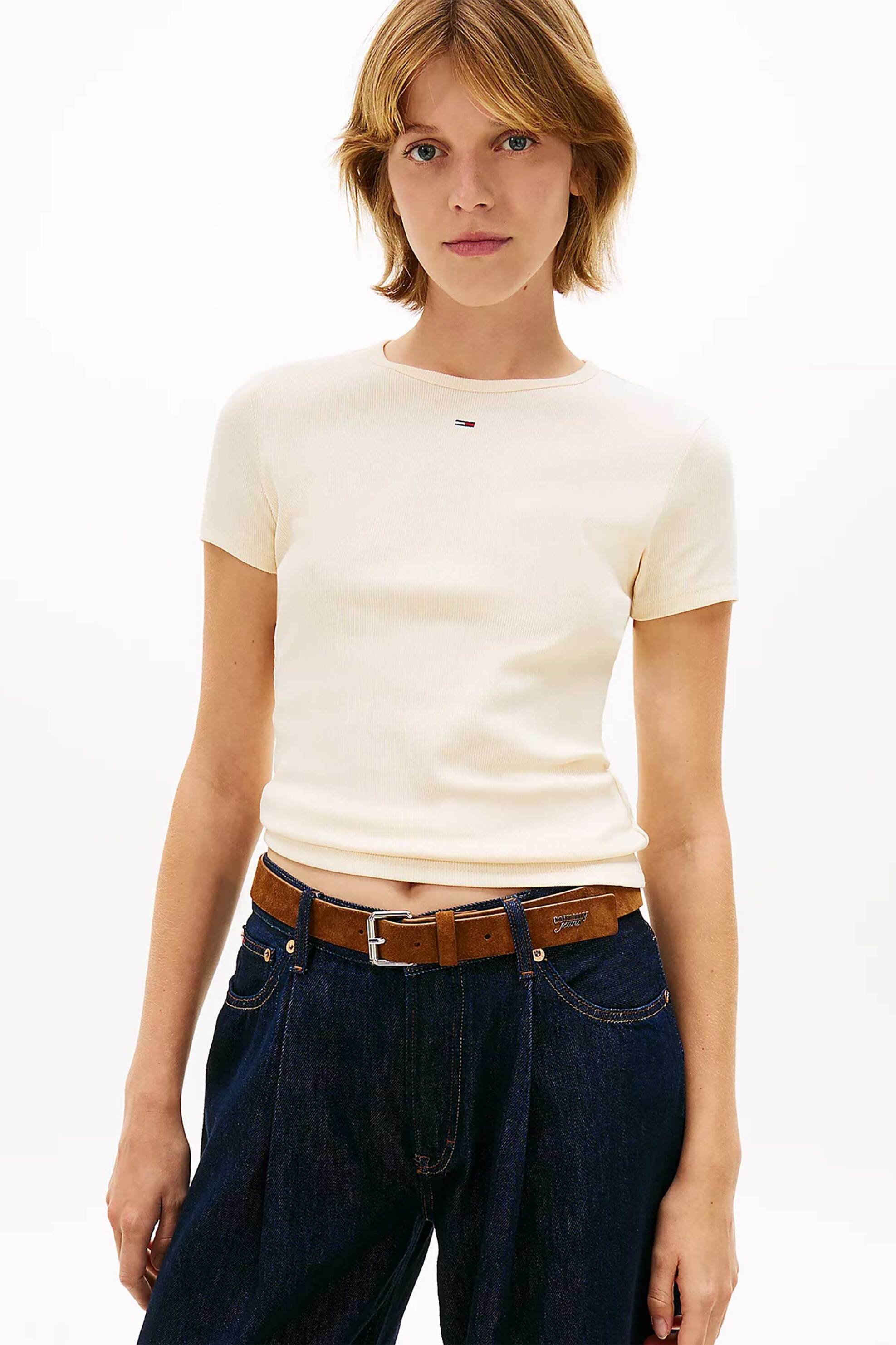 TOMMY JEANS Tommy Jeans γυναικείο T-shirt ribbed με κεντημένο λογότυπο Slim Fit - DW0DW17383 Κίτρινο Pastel