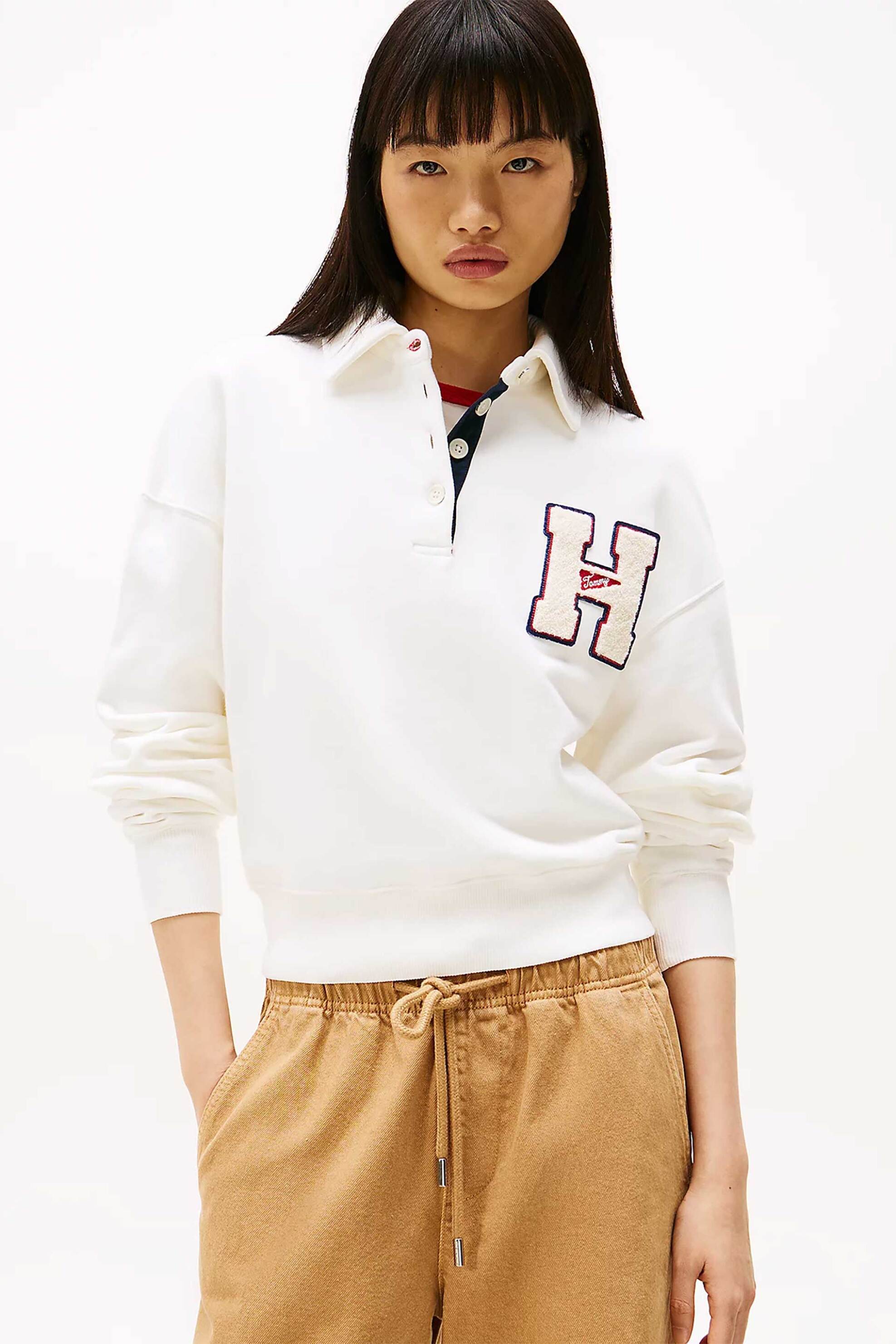  Tommy Jeans γυναικεία μπλούζα φούτερ πόλο με κεντημένο μονόγραμμα - DW0DW20537 Λευκό 2025