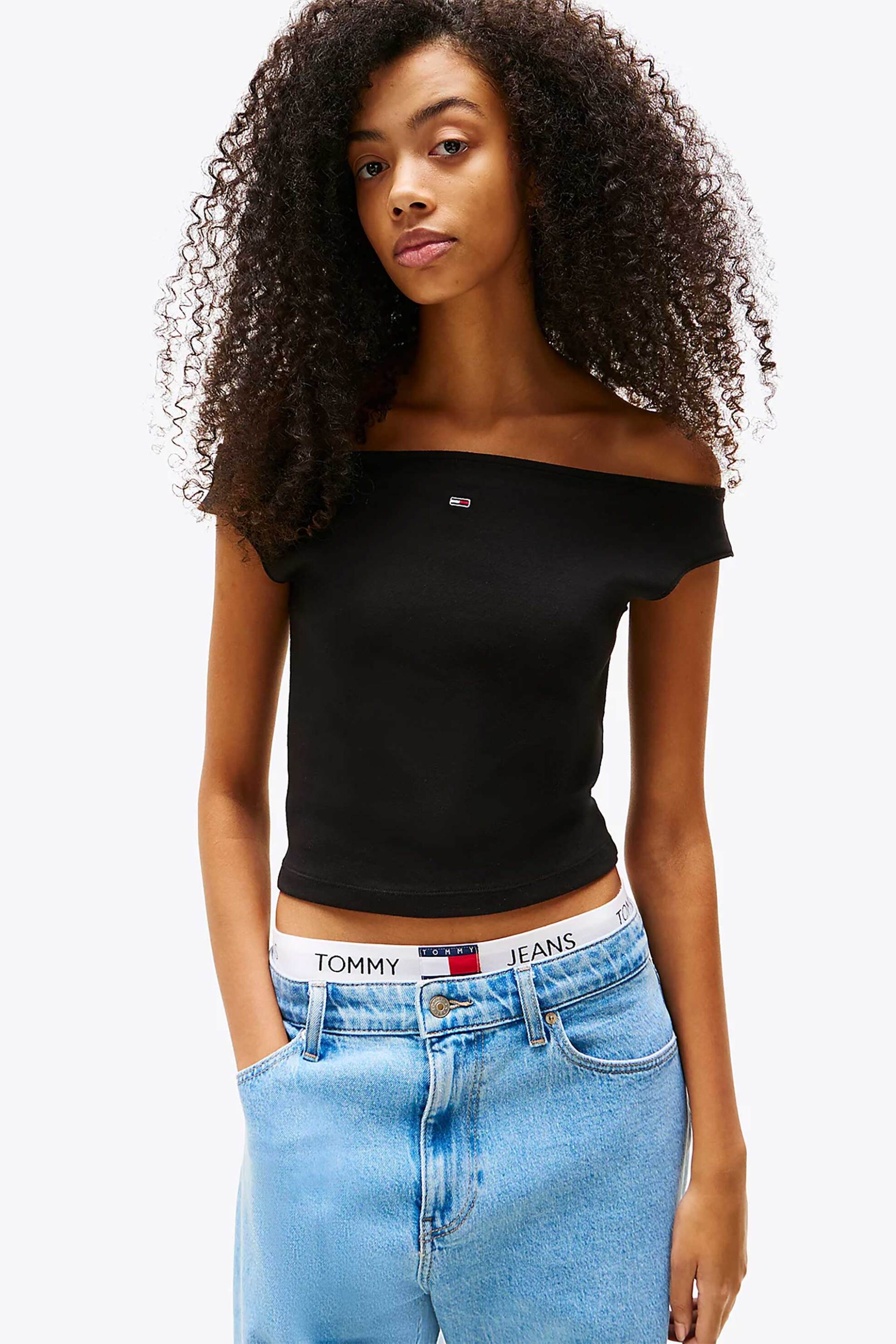 Tommy Jeans γυναικείο τοπ με boat λαιμόκοψη και λογότυπο Slim Fit - DW0DW20234 Μαύρο