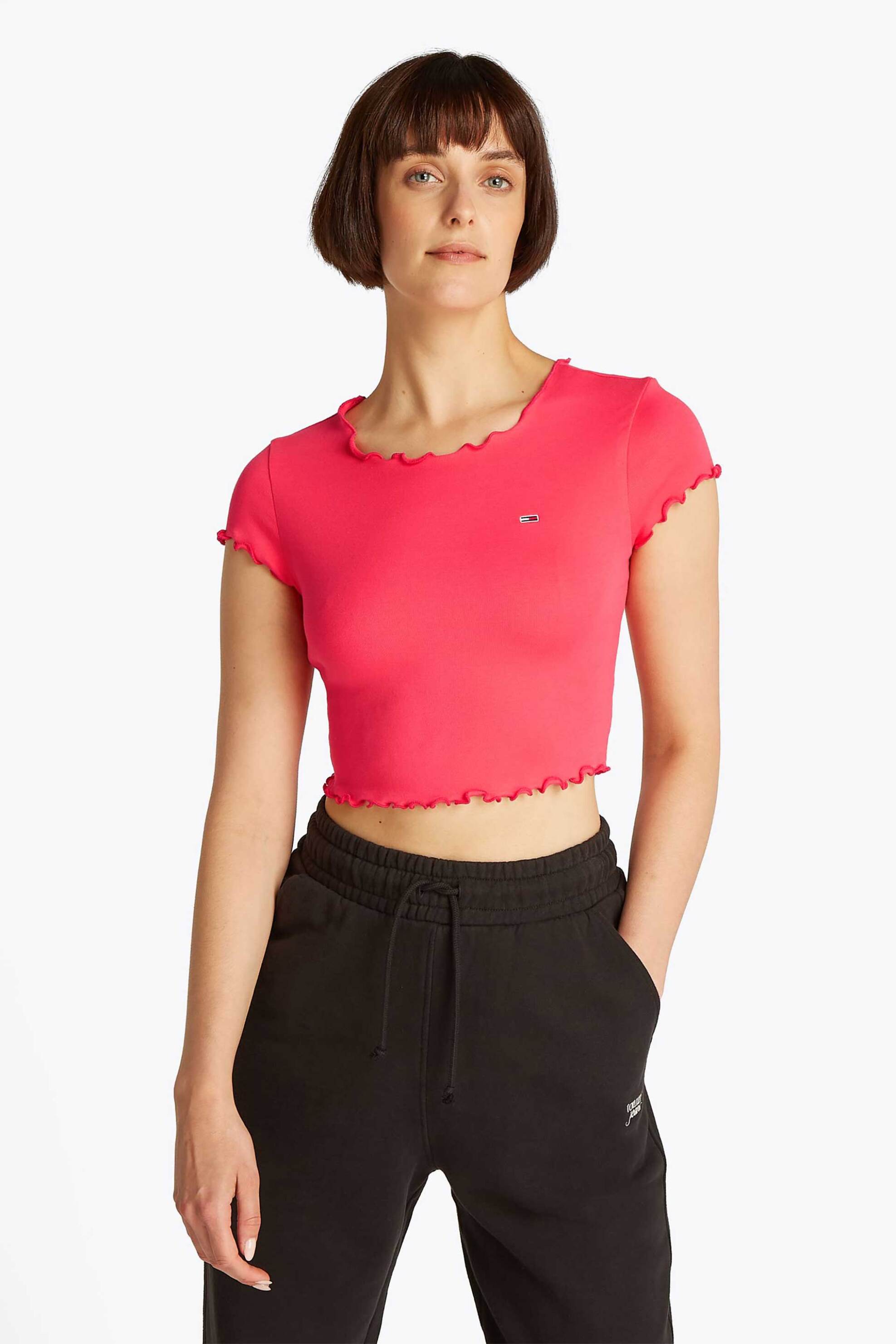 Tommy Jeans γυναικείο crop τοπ με κεντημένο λογότυπο Slim Fit - DW0DW20623 Κοραλί