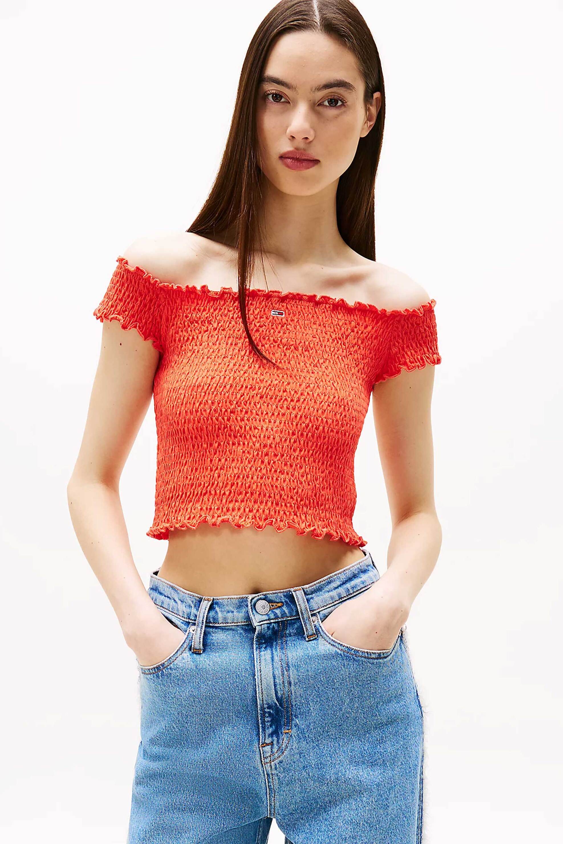 Tommy Jeans γυναικείο τοπ cropped structured με κεντημένο λογότυπο Slim Fit - DW0DW20238 Πορτοκαλί