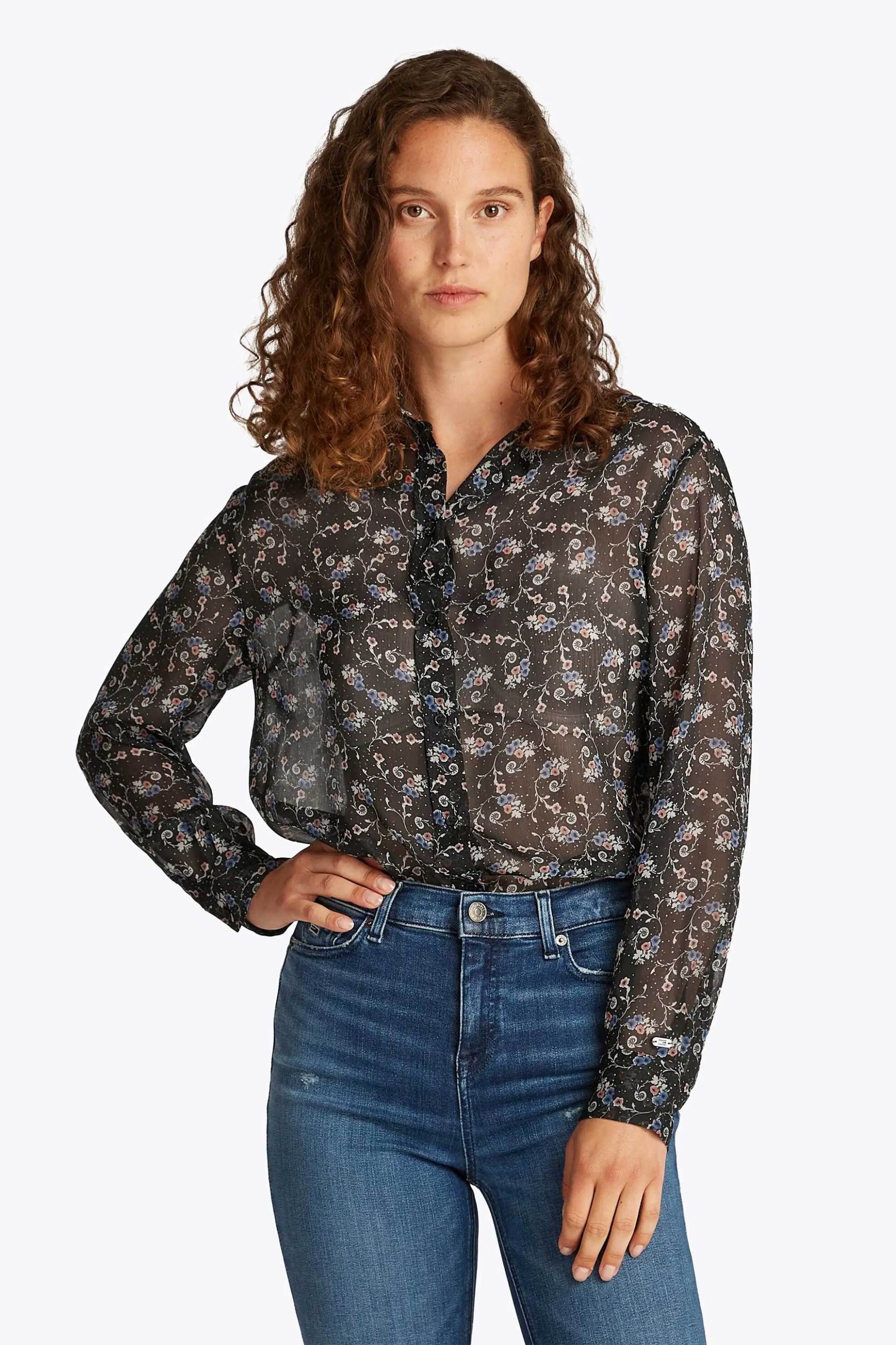 Tommy Jeans γυναικείο πουκάμισο με floral print και ημιδιαφάνεια - DW0DW20669 Μαύρο