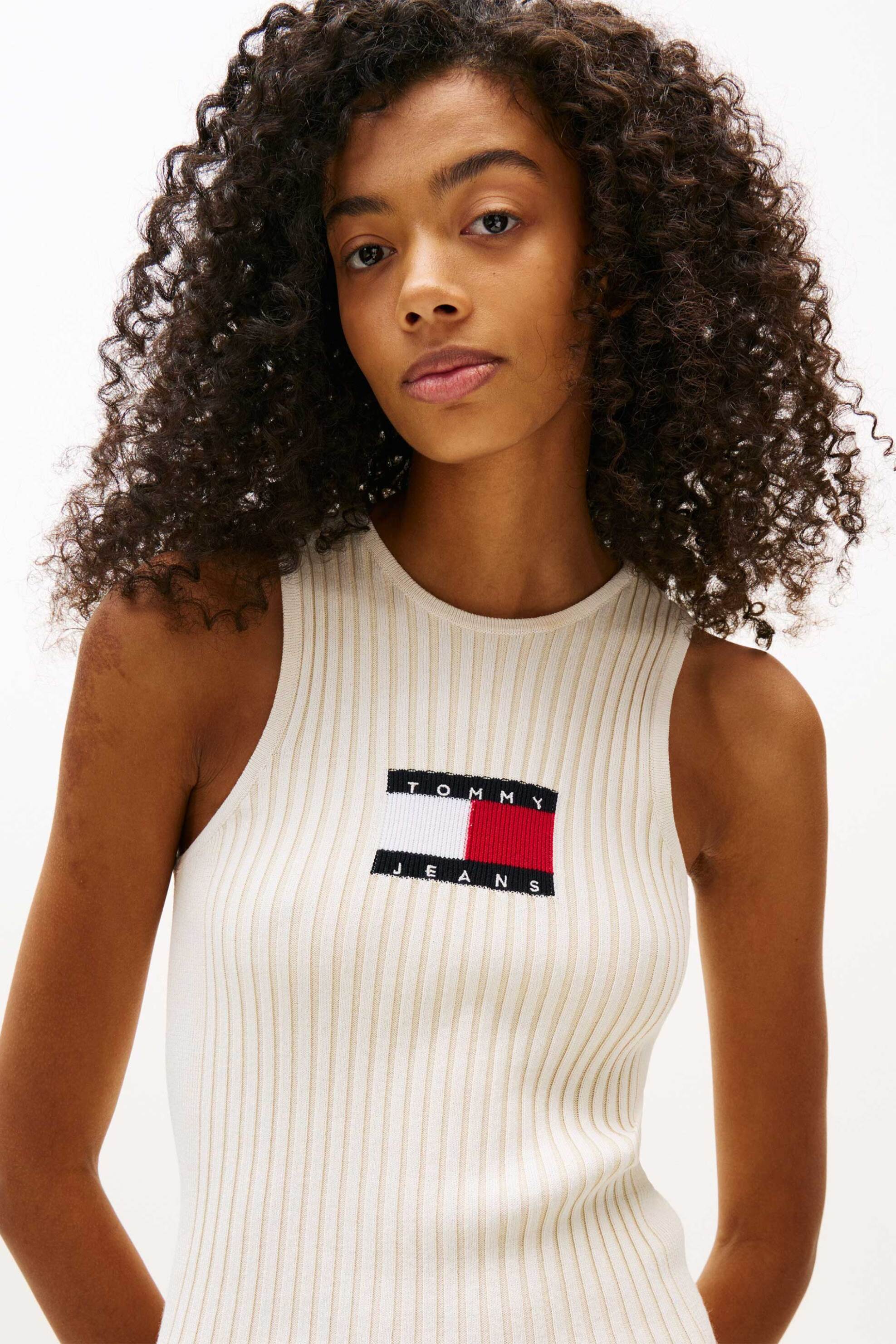 Tommy Jeans γυναικείο mini φόρεμα αμάνικο με logo print ribbed - DW0DW20877 Λευκό