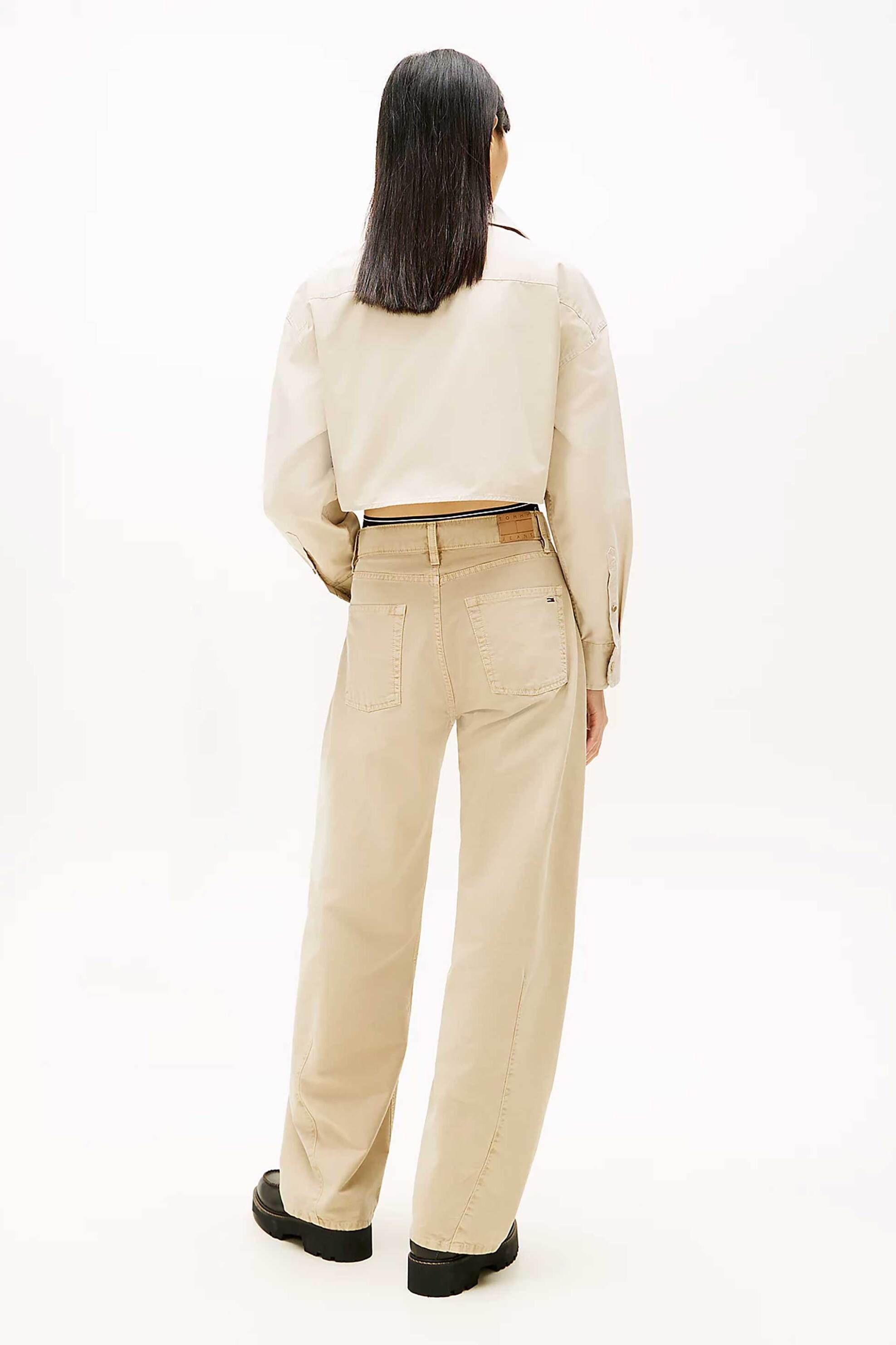Tommy Jeans Γυναικείο Cropped Overshirt με Λογότυπο Oversized Fit - Dw0Dw22514 Μπεζ