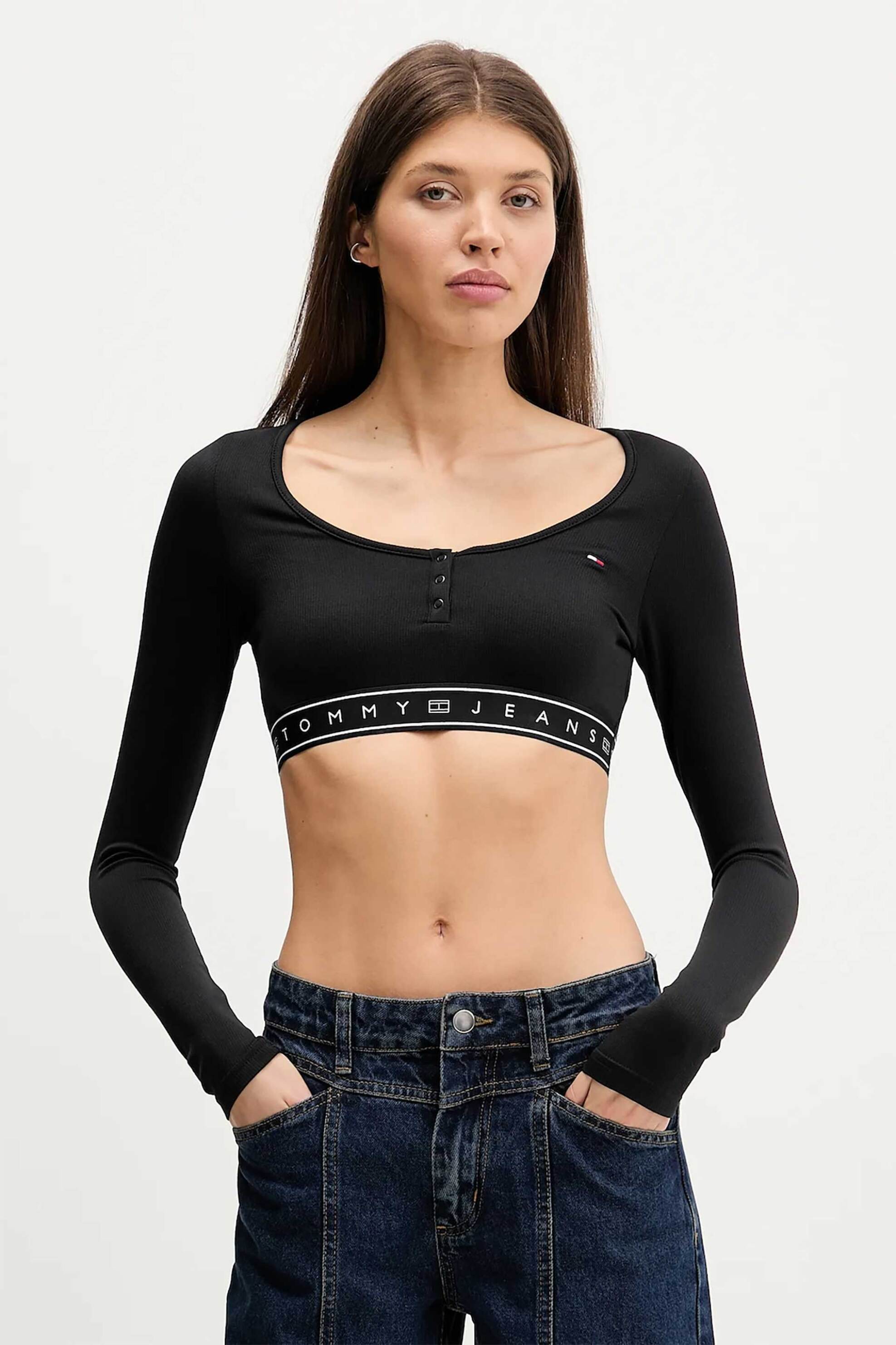 Tommy Jeans γυναικείο τοπ με logo print cropped Slim Fit - DW0DW22538 Μαύρο