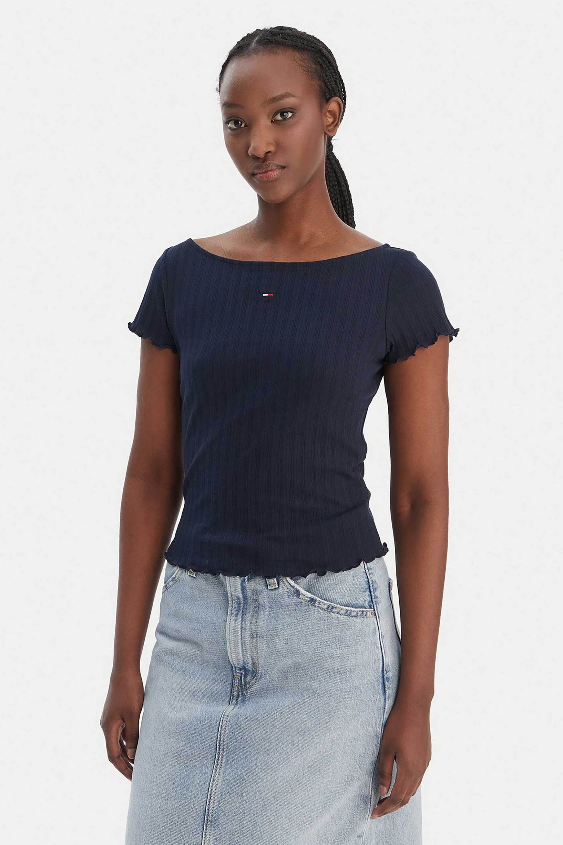 Tommy Jeans γυναικεία μπλούζα ribbed με λογότυπο Slim Fit - DW0DW22460 Μπλε Σκούρο
