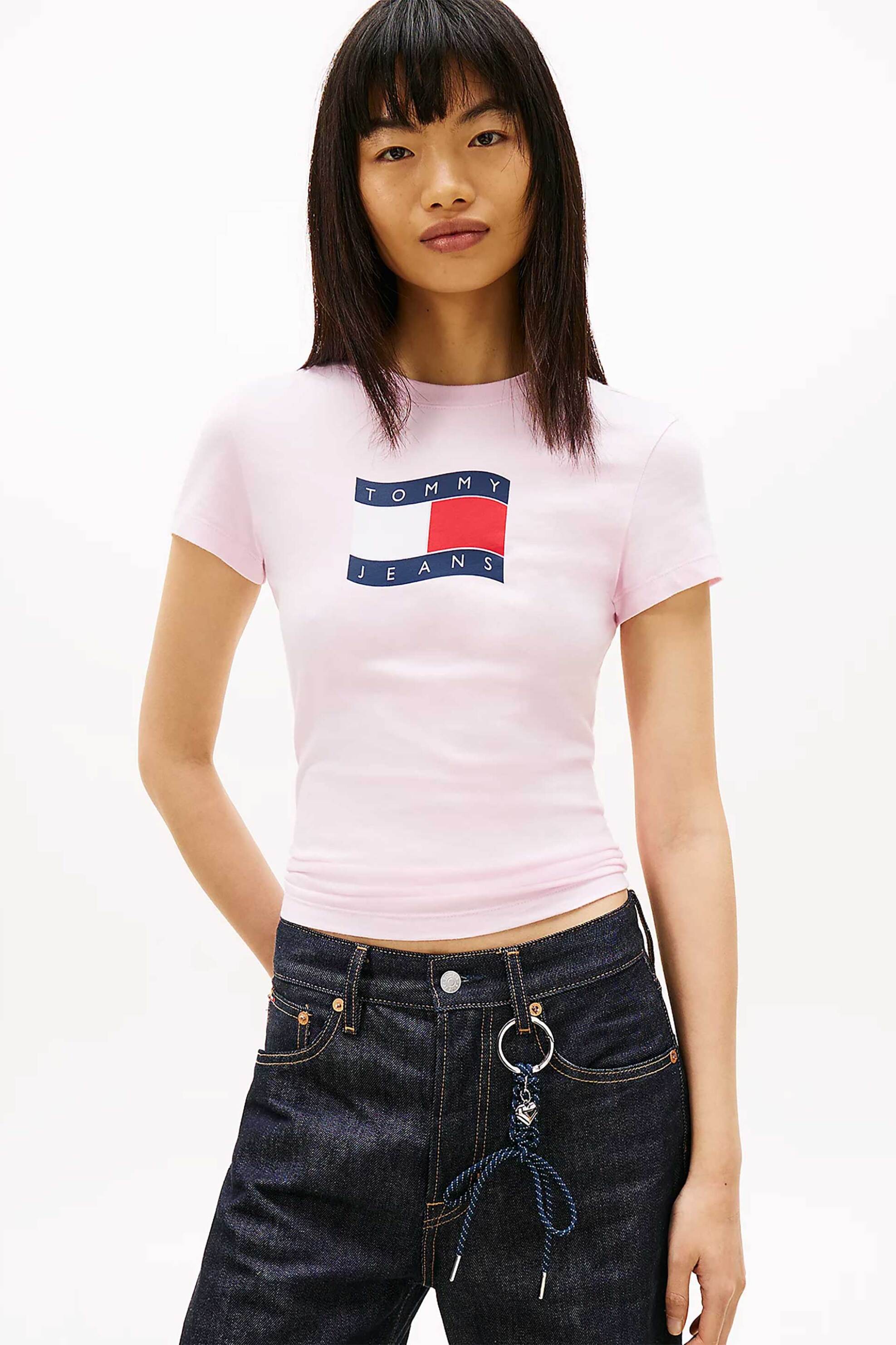 TOMMY JEANS Tommy Jeans γυναικείο T-shirt με wavy flag print Slim Fit - DW0DW22781 Ροζ