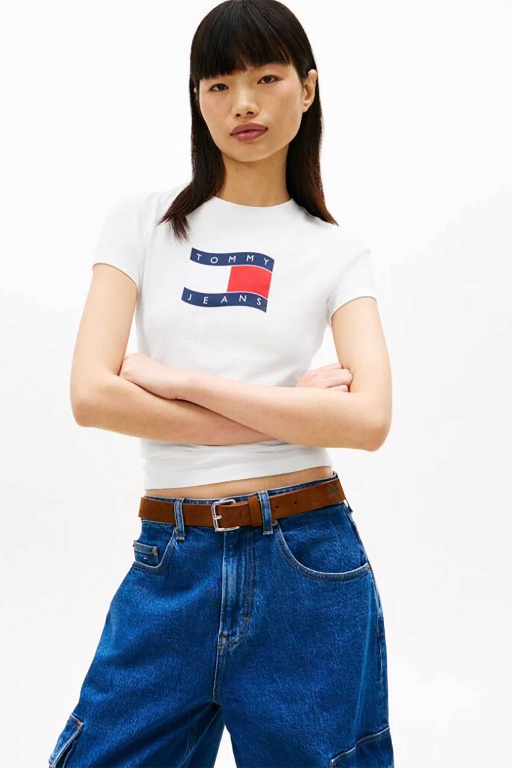 TOMMY JEANS Tommy Jeans γυναικείο T-shirt με wavy flag print Slim Fit - DW0DW22781 Λευκό