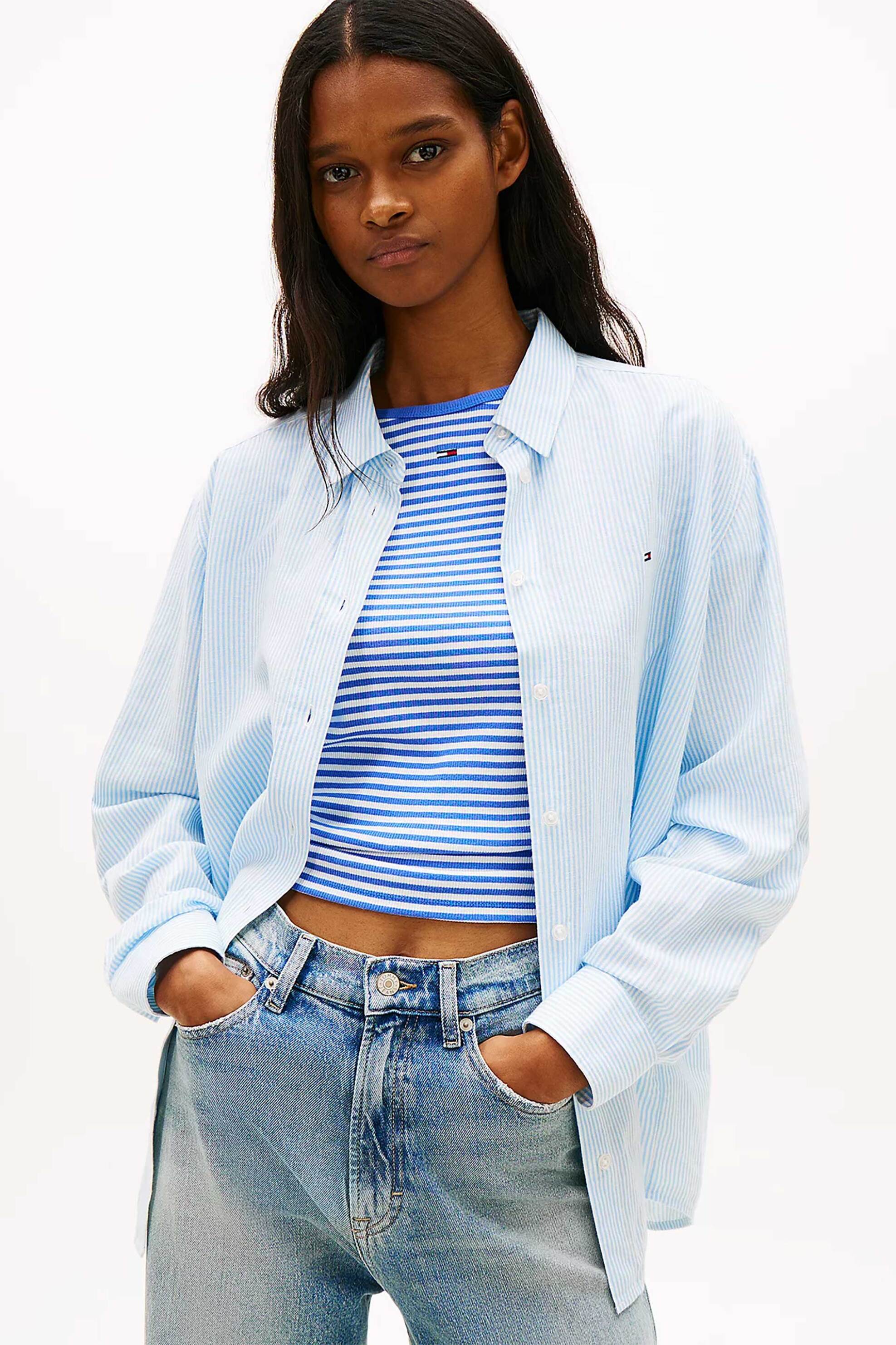 TOMMY JEANS Tommy Jeans γυναικείο πουκάμισο ριγέ με λινό Relaxed Fit - DW0DW22209 Γαλάζιο