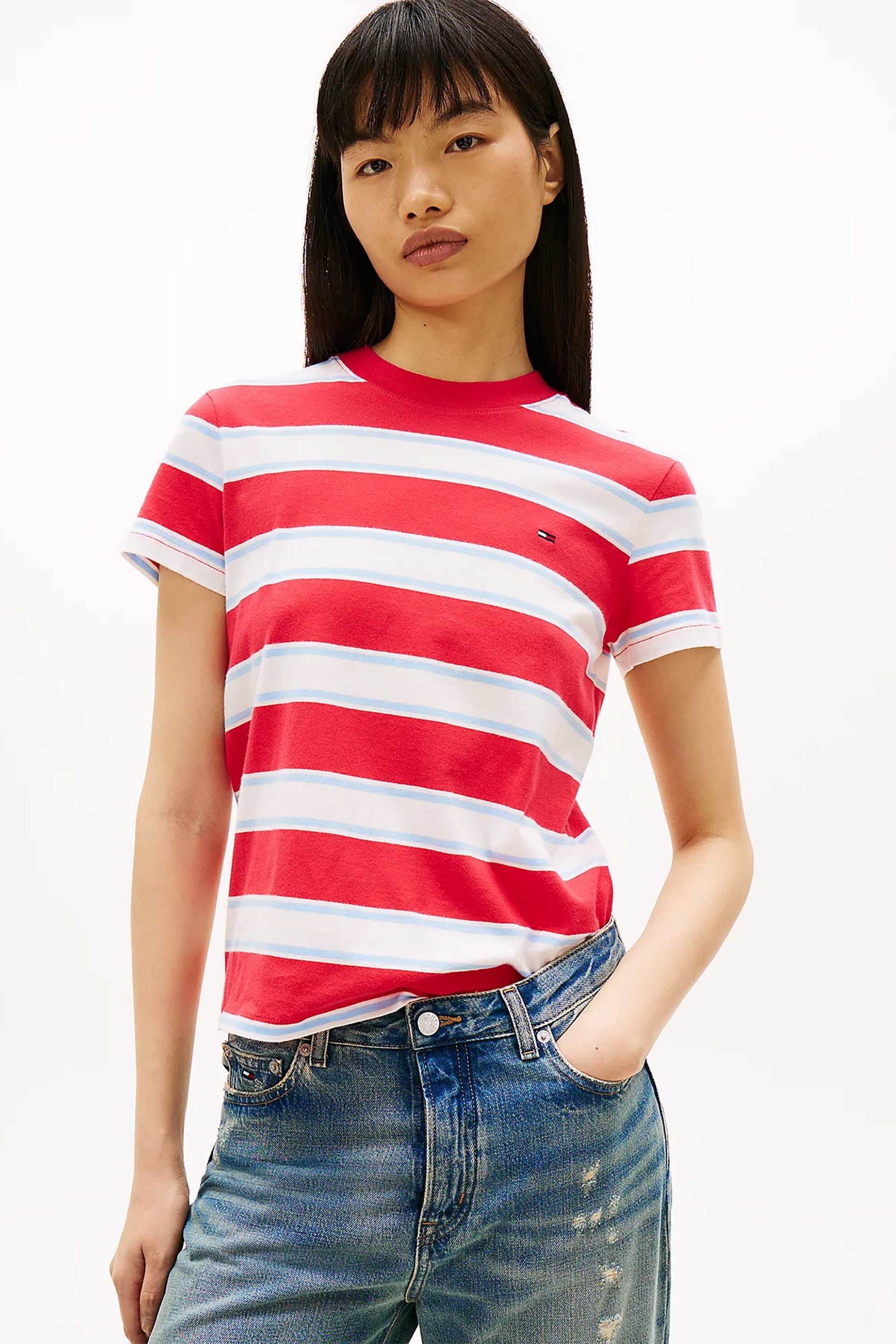 TOMMY JEANS Tommy Jeans γυναικείο T-shirt ριγέ με logo print - DW0DW21834 Κόκκινο