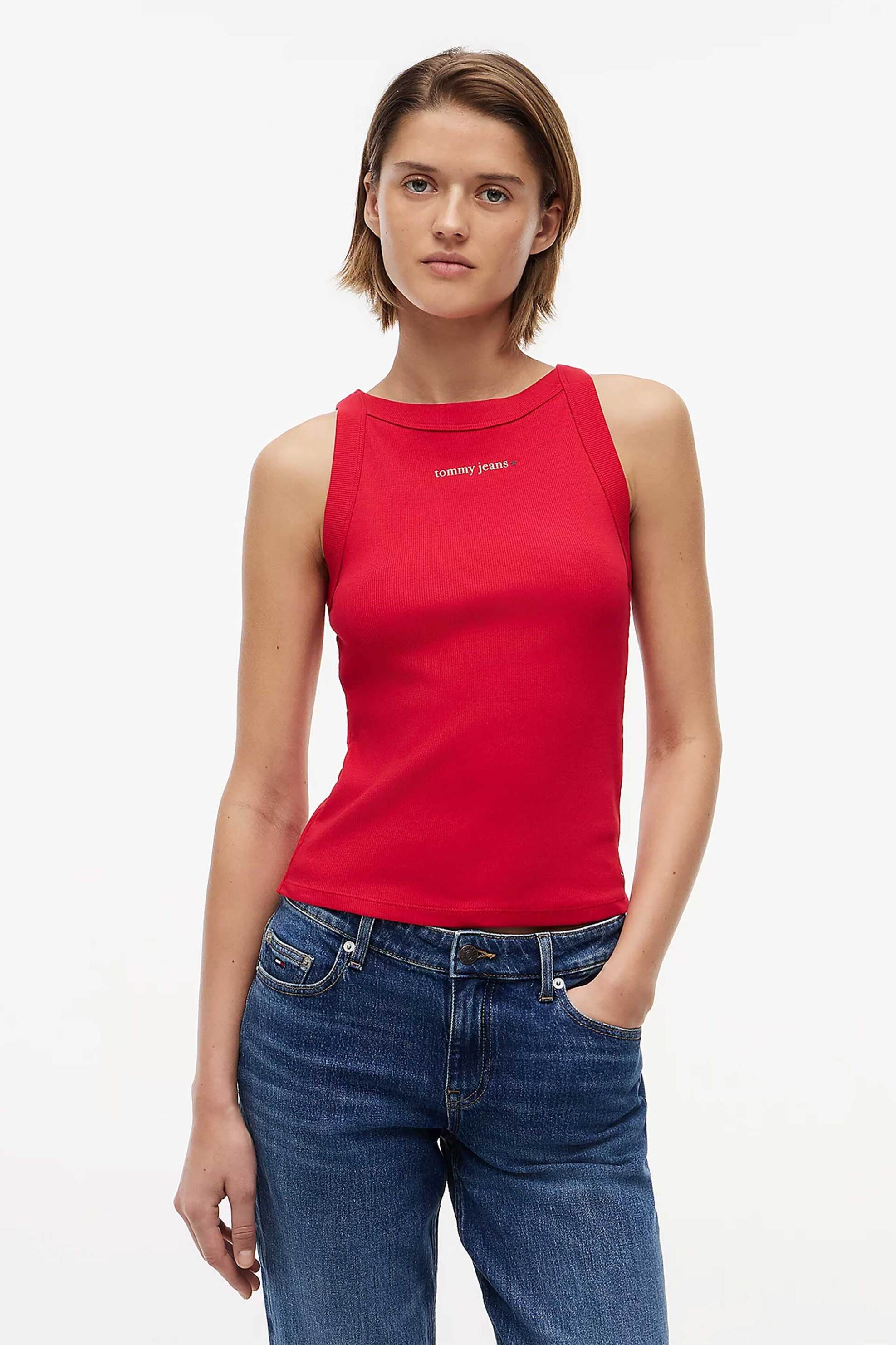 Tommy Jeans γυναικείο τοπ αμάνικο ribbed με λογότυπο Slim Fit - DW0DW22806 Κόκκινο
