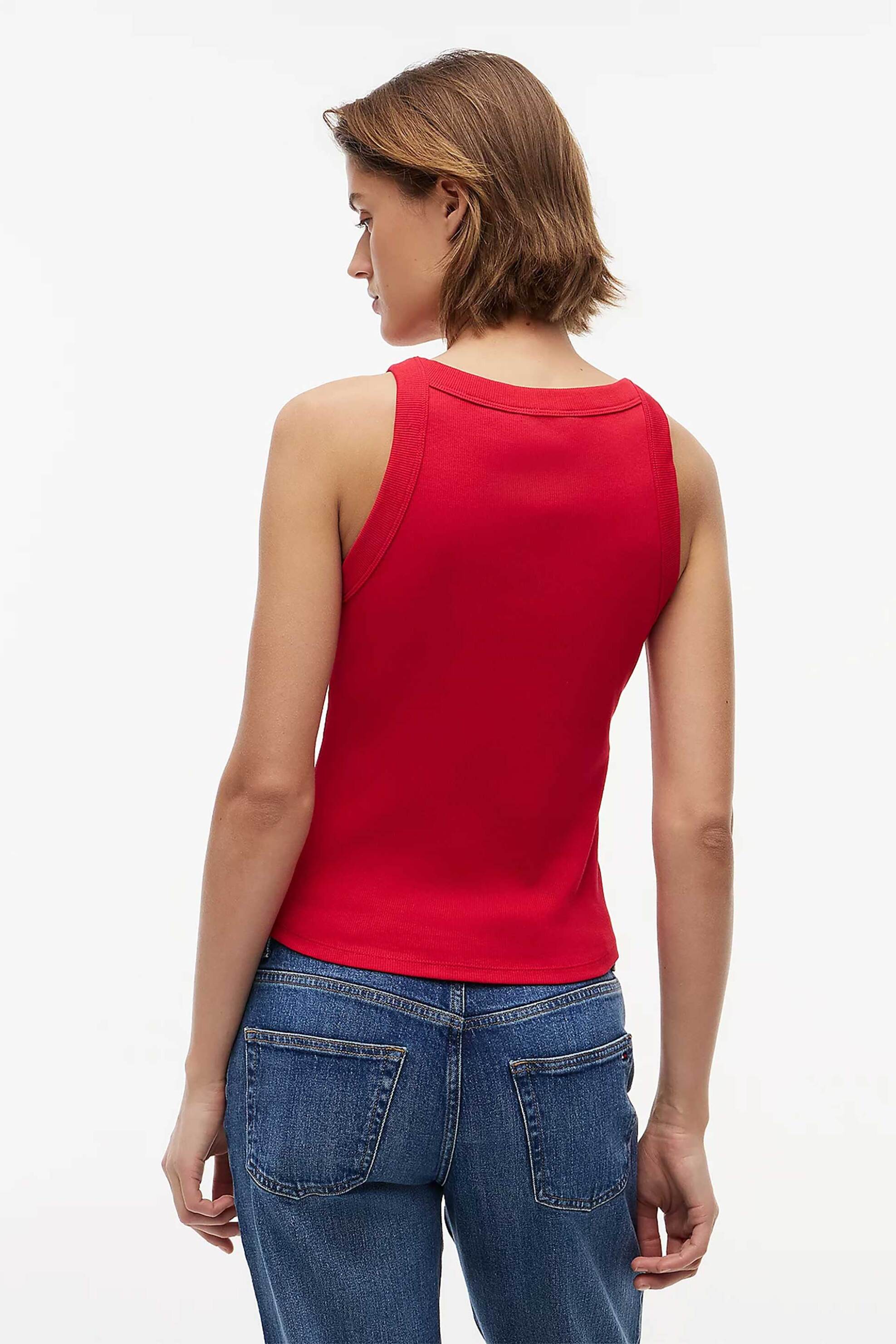 Tommy Jeans Γυναικείο Τοπ Αμάνικο Ribbed με Λογότυπο Slim Fit - Dw0Dw22806 Κόκκινο