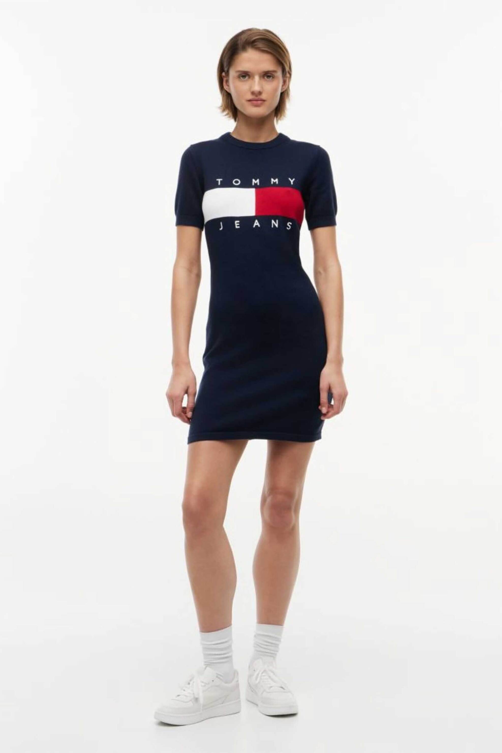 Tommy Jeans γυναικείο mini πλεκτό φόρεμα με λογότυπο Slim Fit - DW0DW22853 Μπλε Σκούρο