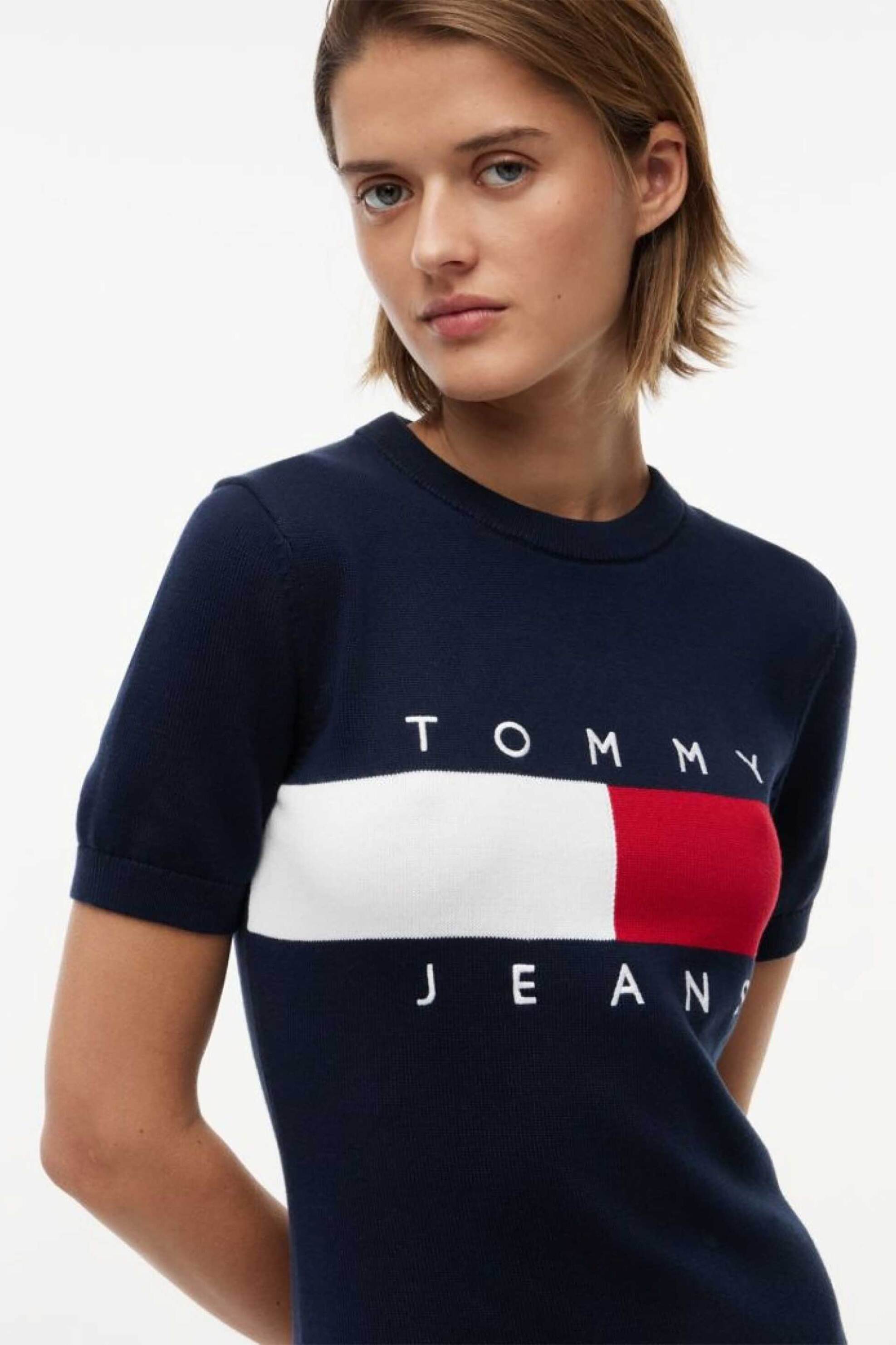 Tommy Jeans γυναικείο mini πλεκτό φόρεμα με λογότυπο Slim Fit - DW0DW22853 Μπλε Σκούρο