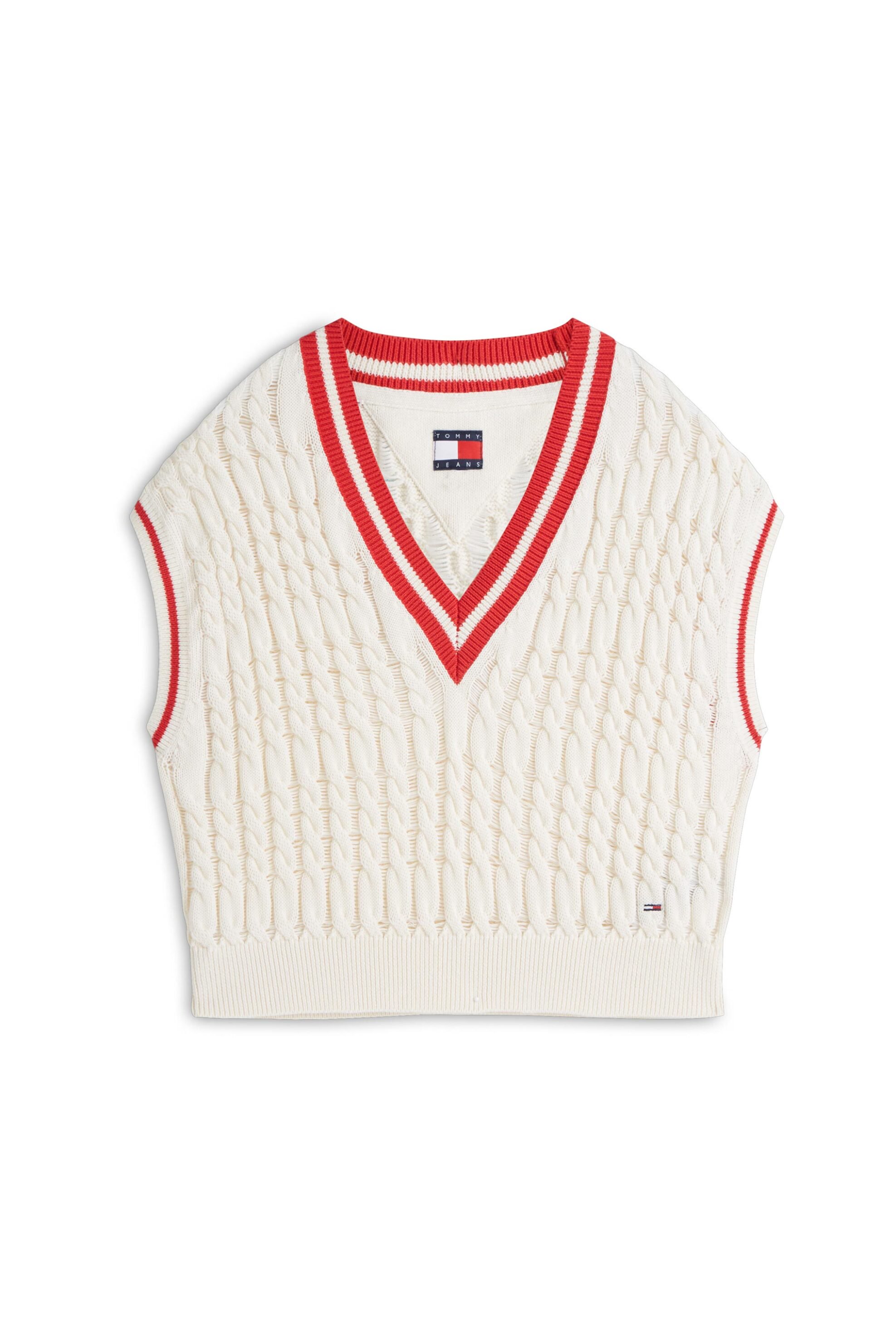 Tommy Jeans γυναικεία αμάνικη πλεκτή μπλούζα με V και cable knit pattern Relaxed Fit - DW0DW22927 Λευκό