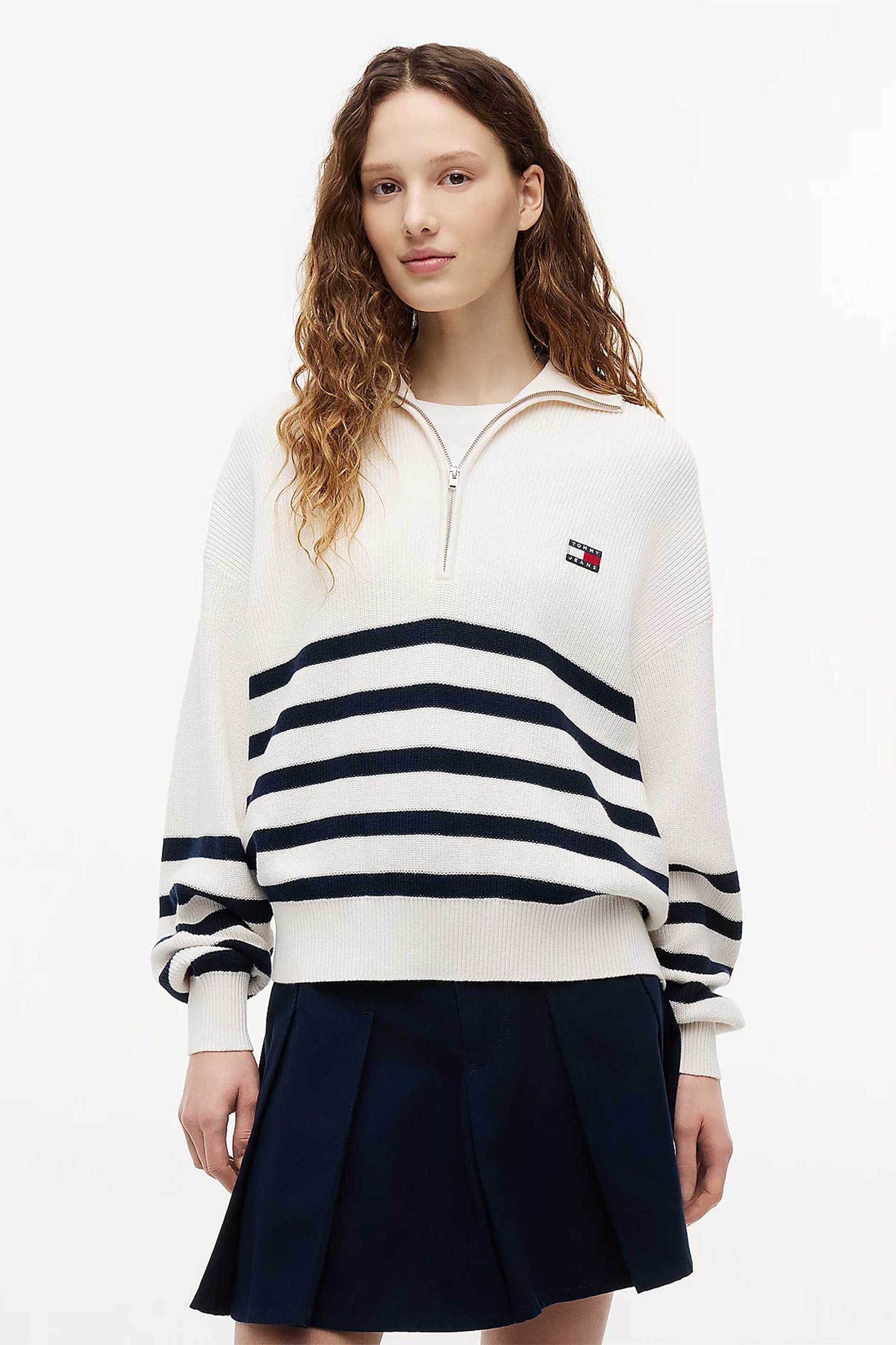 Tommy Jeans γυναικεία μπλούζα πλεκτή με φερμουάρ 3/4 Oversized Fit - DW0DW22928 Εκρού