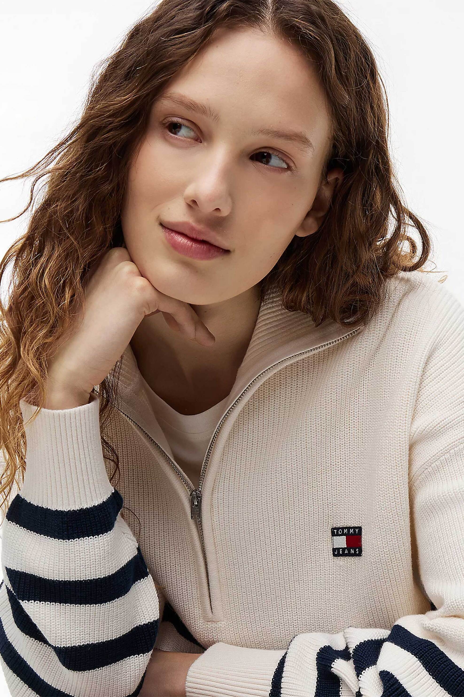 Tommy Jeans γυναικεία μπλούζα πλεκτή με φερμουάρ 3/4 Oversized Fit - DW0DW22928 Εκρού
