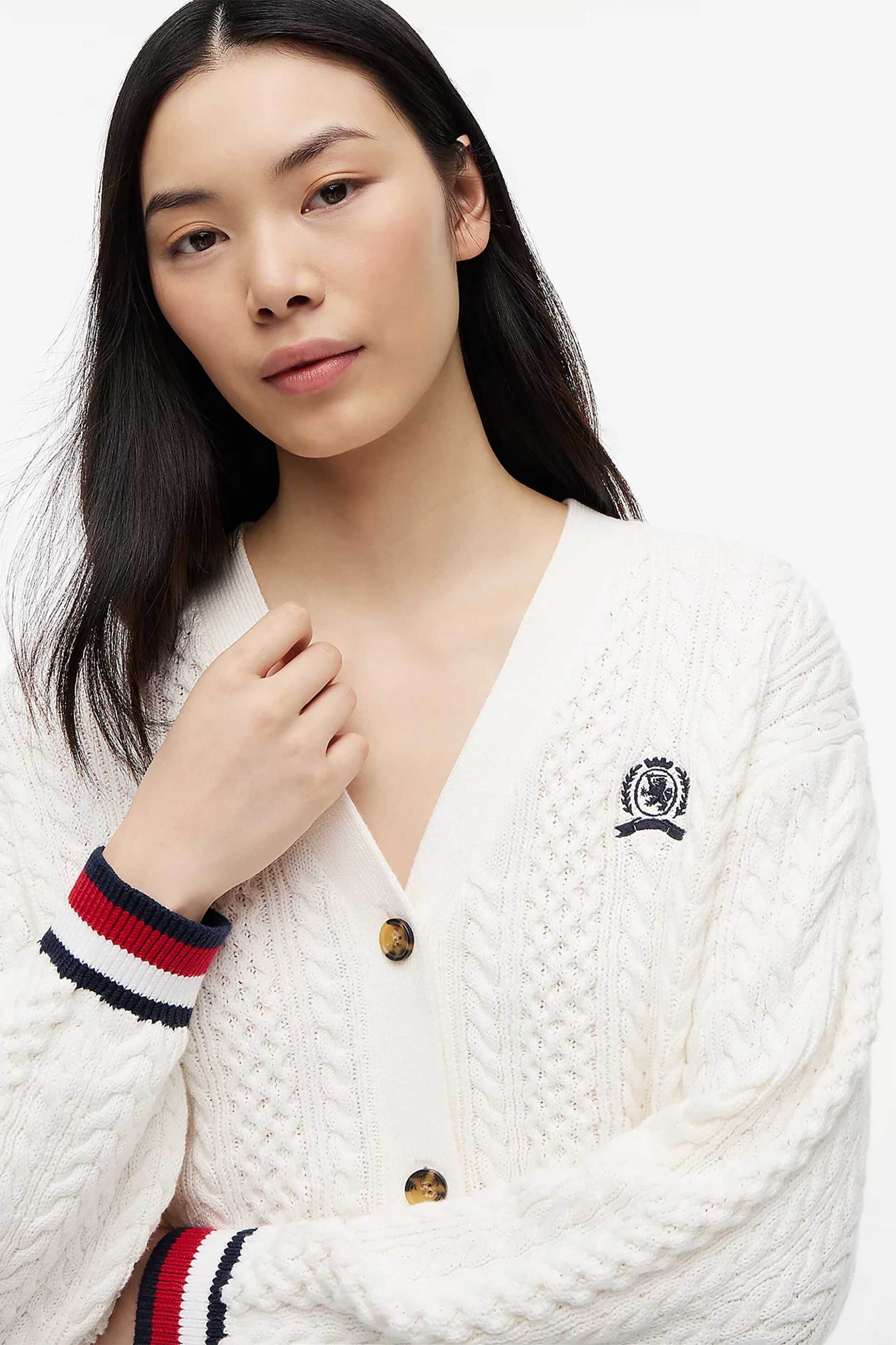 Tommy Jeans γυναικεία ζακέτα cable knit με κέντημα Oversized Fit - DW0DW22934 Λευκό