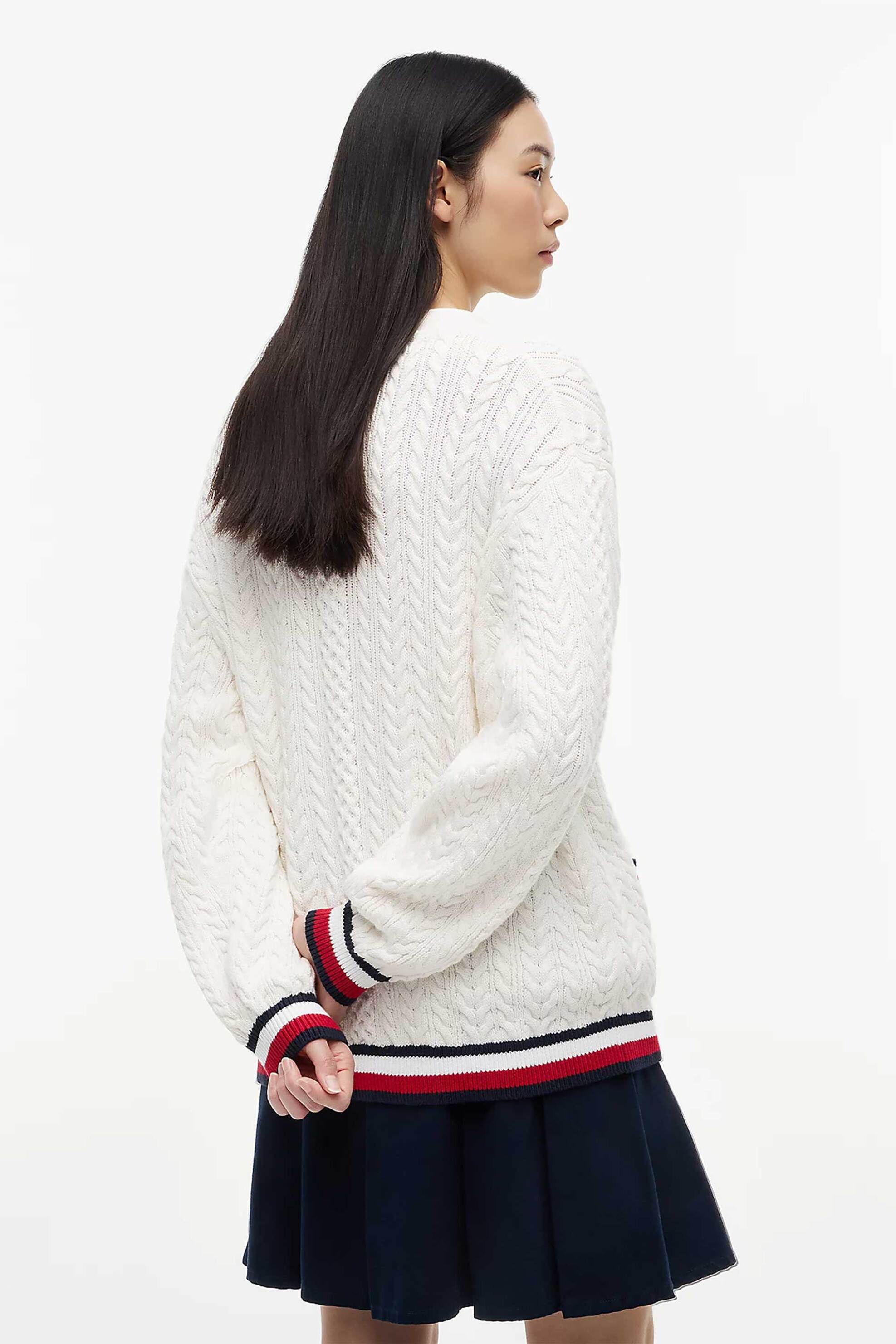 Tommy Jeans Γυναικεία Ζακέτα Cable Knit με Κέντημα Oversized Fit - Dw0Dw22934 Λευκό