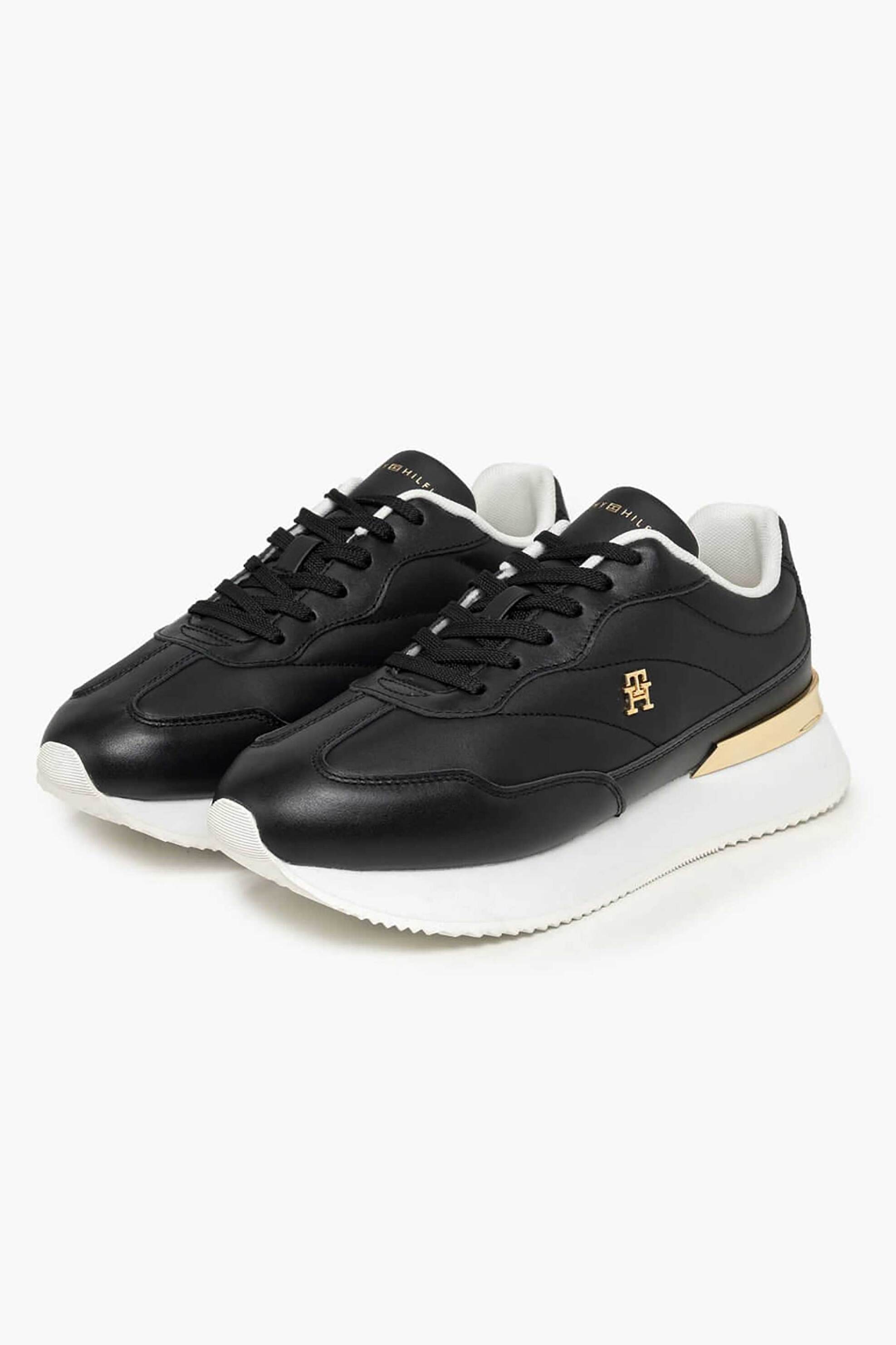 Tommy Jeans γυναικεία δερμάτινα sneakers με μεταλλικό μονόγραμμα - FW0FW09033 Μαύρο
