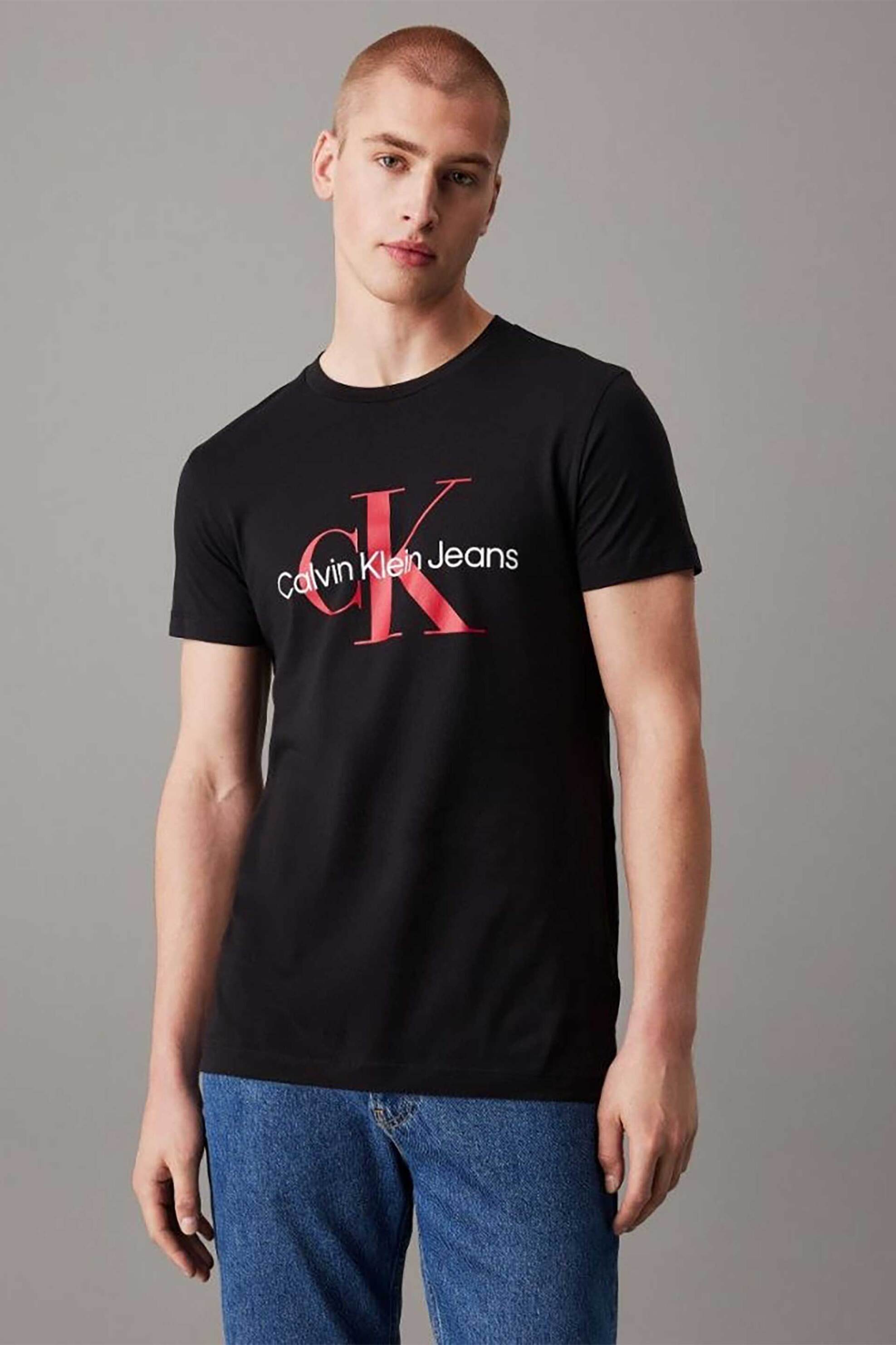 CK Jeans ανδρικό T-shirt με monogram print Slim Fit - J30J320935 Μαύρο - Κόκκινο