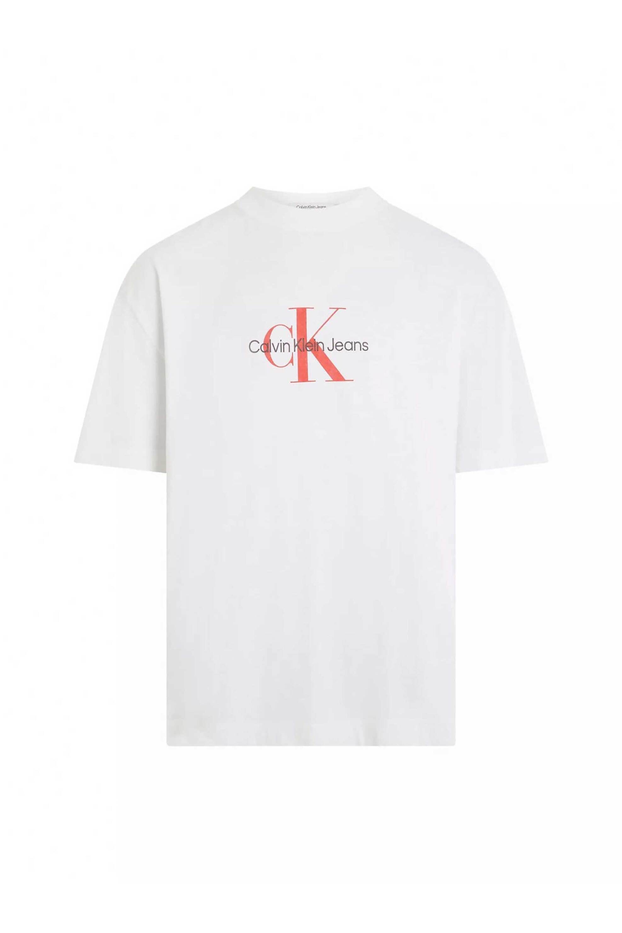 CK Jeans ανδρικό βαμβακερό T-shirt με logo print μπροστά - J30J325427 Λευκό