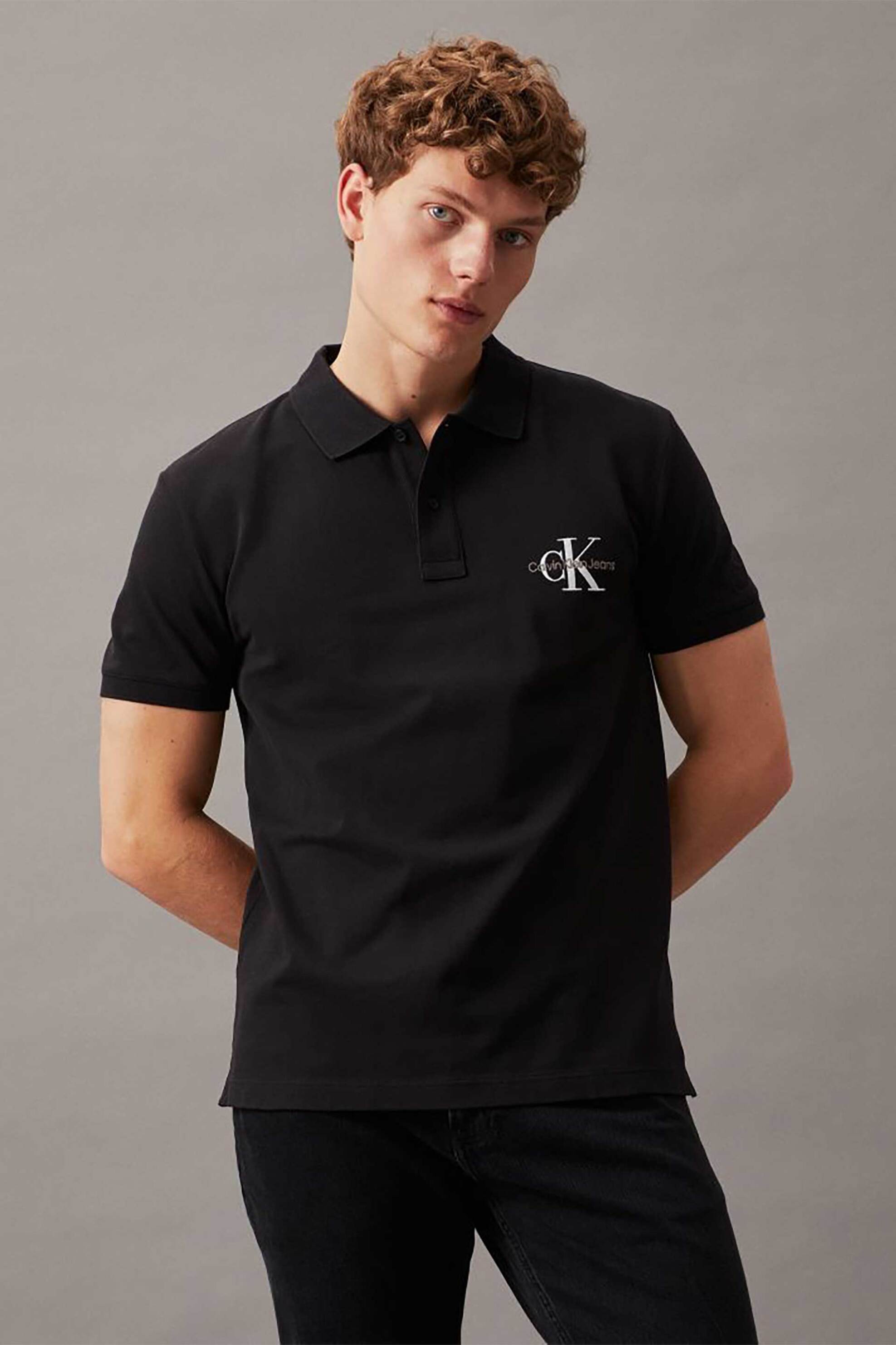 Calvin Klein Jeans ανδρική μπλούζα πόλο μονόχρωμη με λογότυπο Regular Fit - J30J325664 Μαύρο