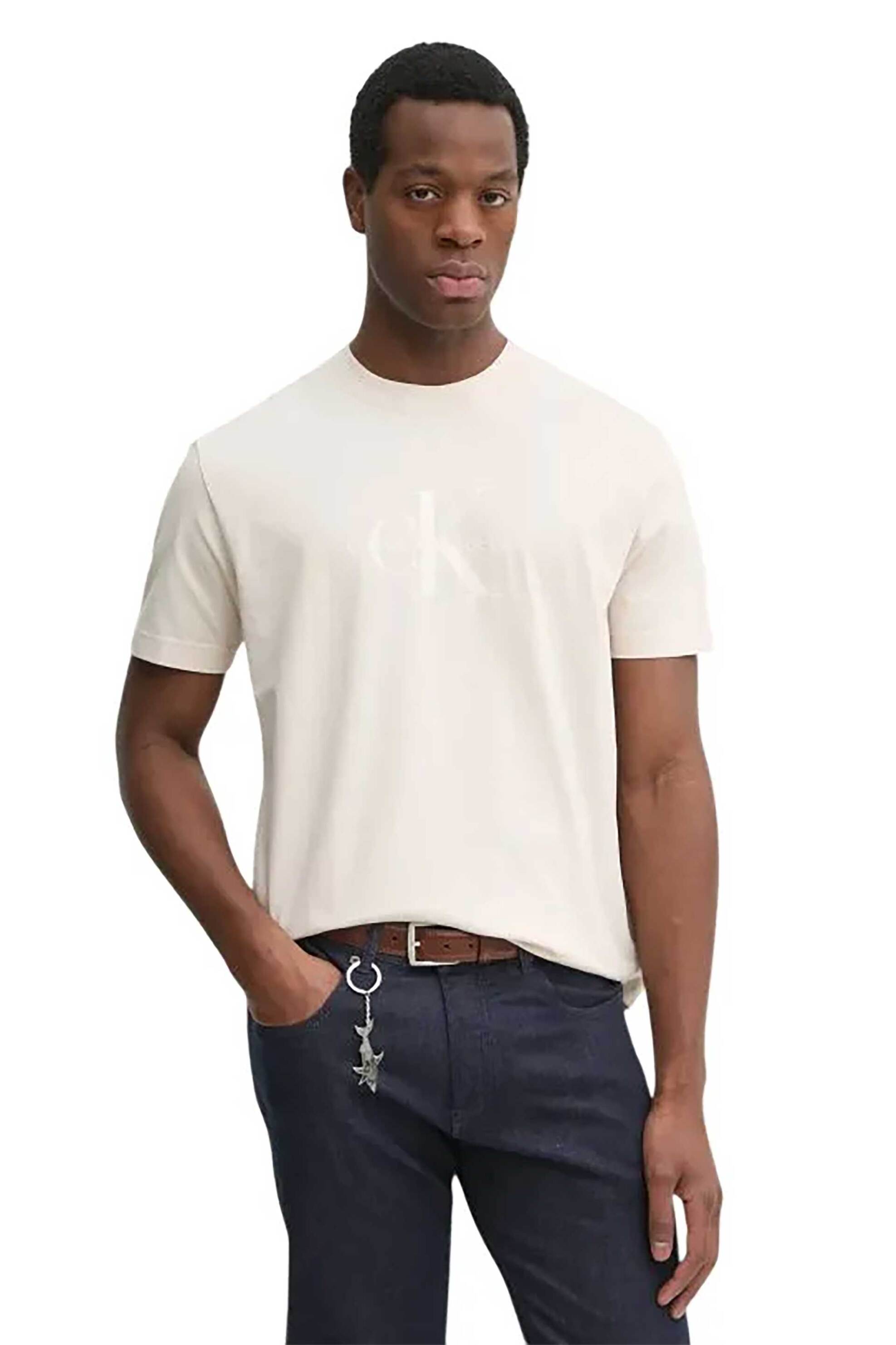 Calvin Klein Jeans ανδρικό T-shirt μονόχρωμο με λογότυπο - J30J327109 Εκρού