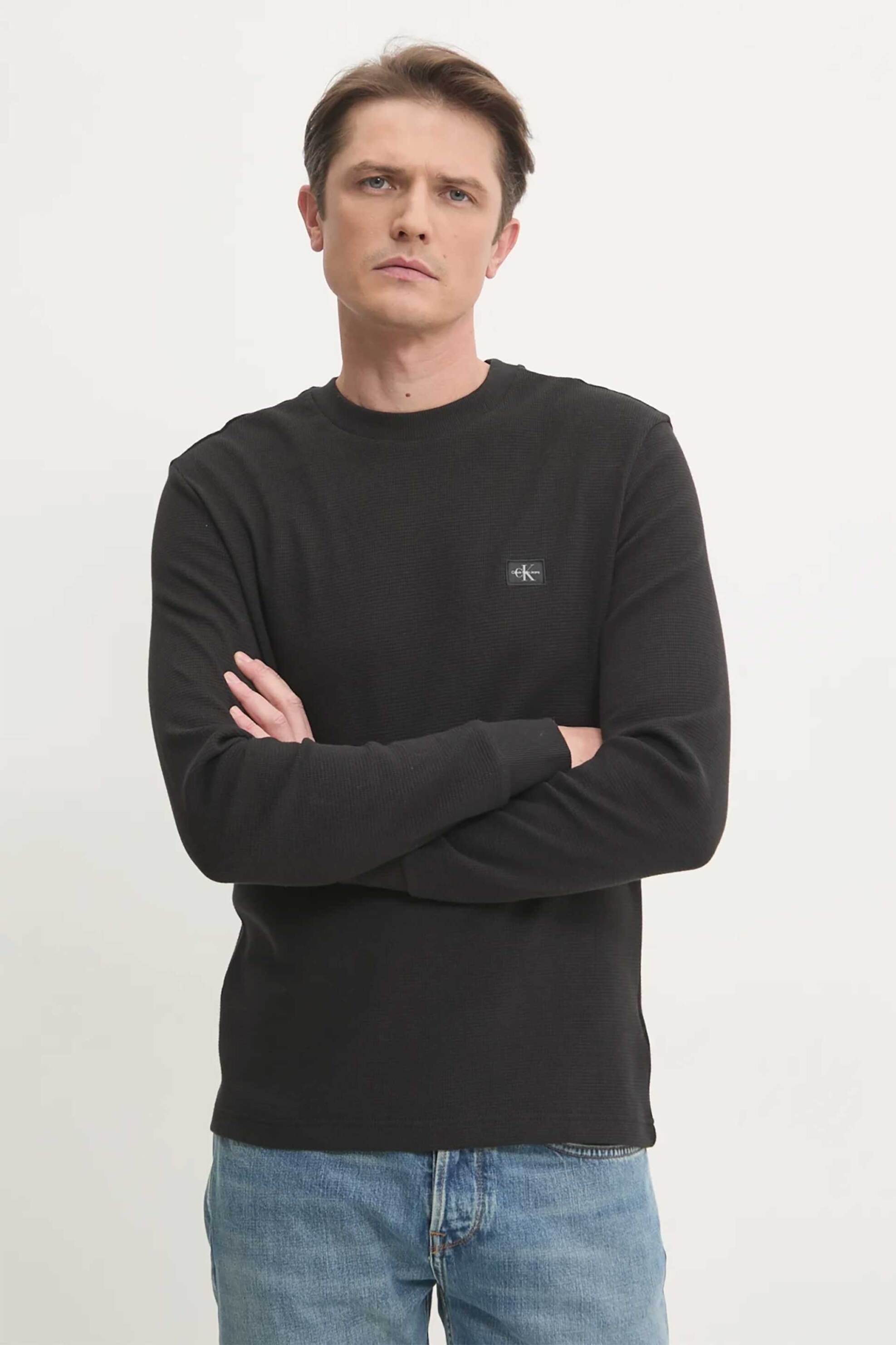 CALVIN KLEIN JEANS Calvin Klein Jeans ανδρική μακρυμάνικη μπλούζα με waffle pattern και λογότυπο - J30J327117 Μαύρο