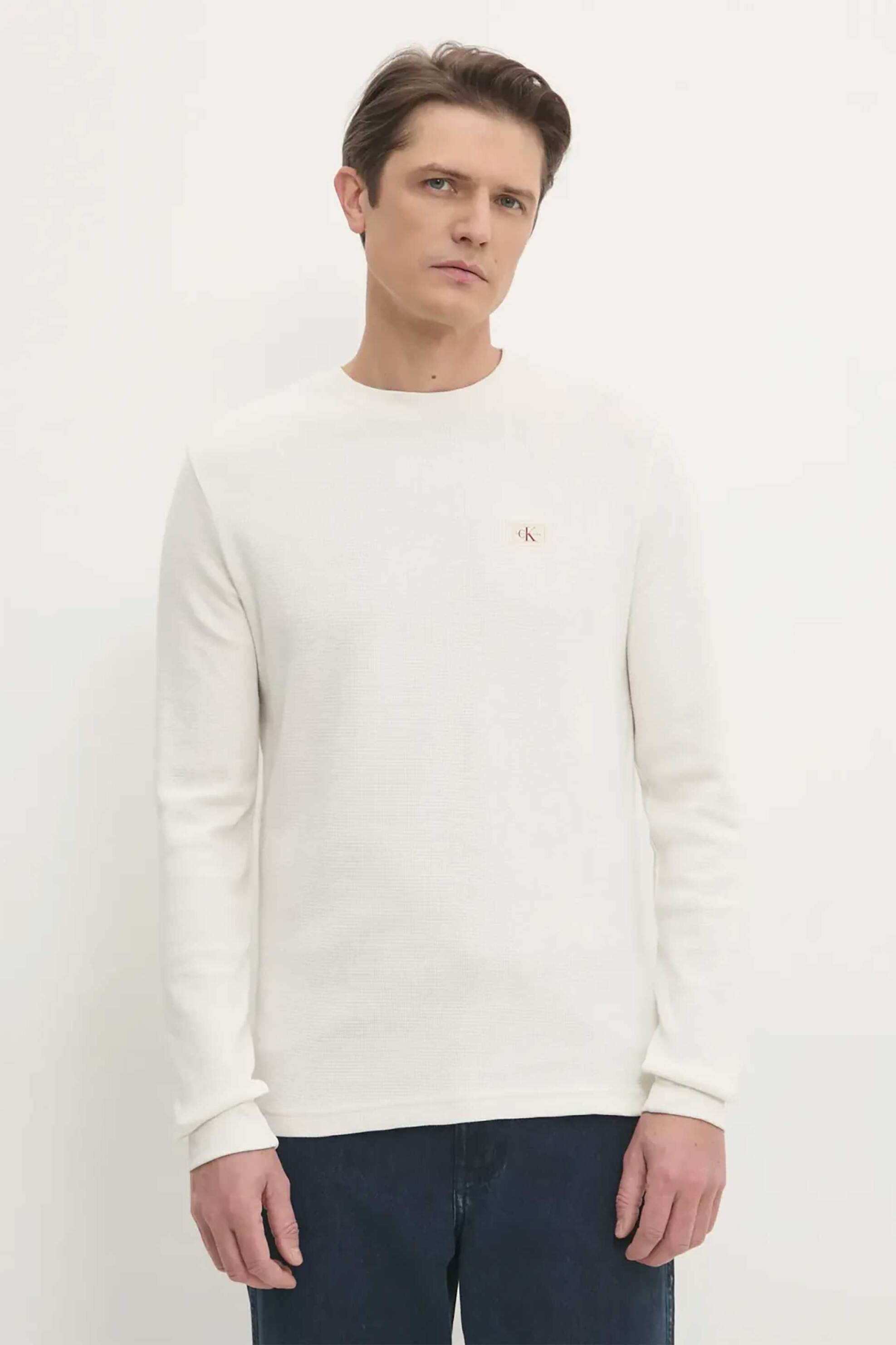 CALVIN KLEIN JEANS Calvin Klein Jeans ανδρική μακρυμάνικη μπλούζα με waffle pattern και λογότυπο - J30J327117 Εκρού