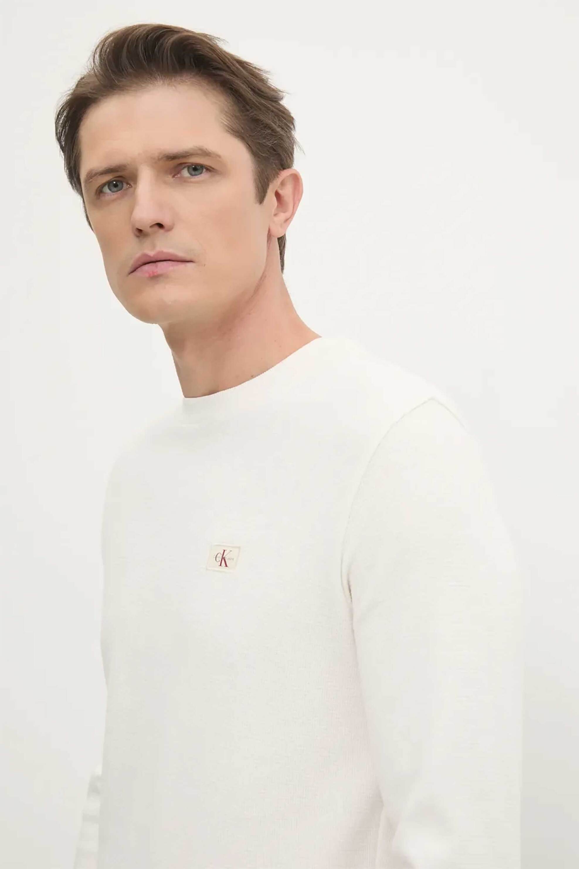 Calvin Klein Jeans ανδρική μακρυμάνικη μπλούζα με waffle pattern και λογότυπο - J30J327117 Εκρού φωτογραφία