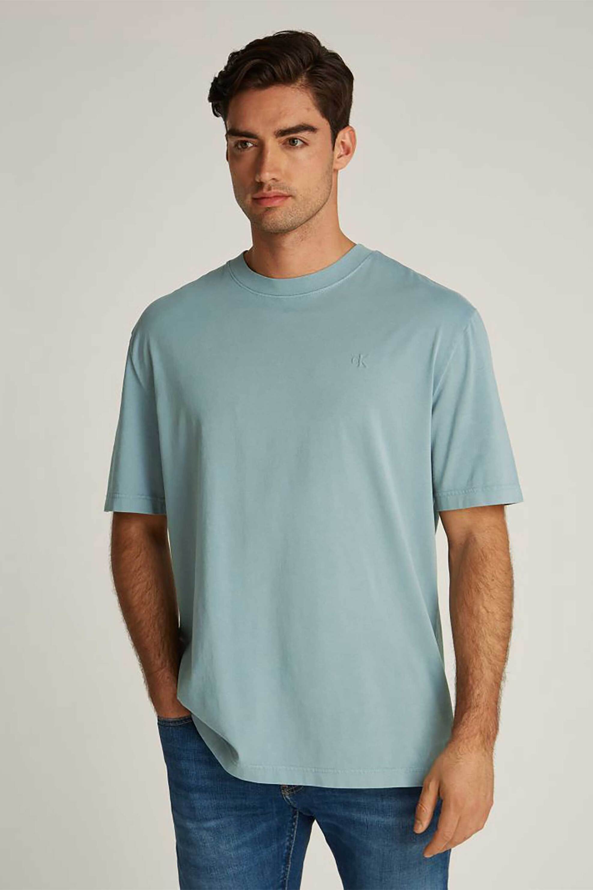 CK JEANS CK Jeans ανδρικό T-shirt μονόχρωμο με ανάγλυφο λογότυπο - J30J327078 Γκρι Γαλάζιο