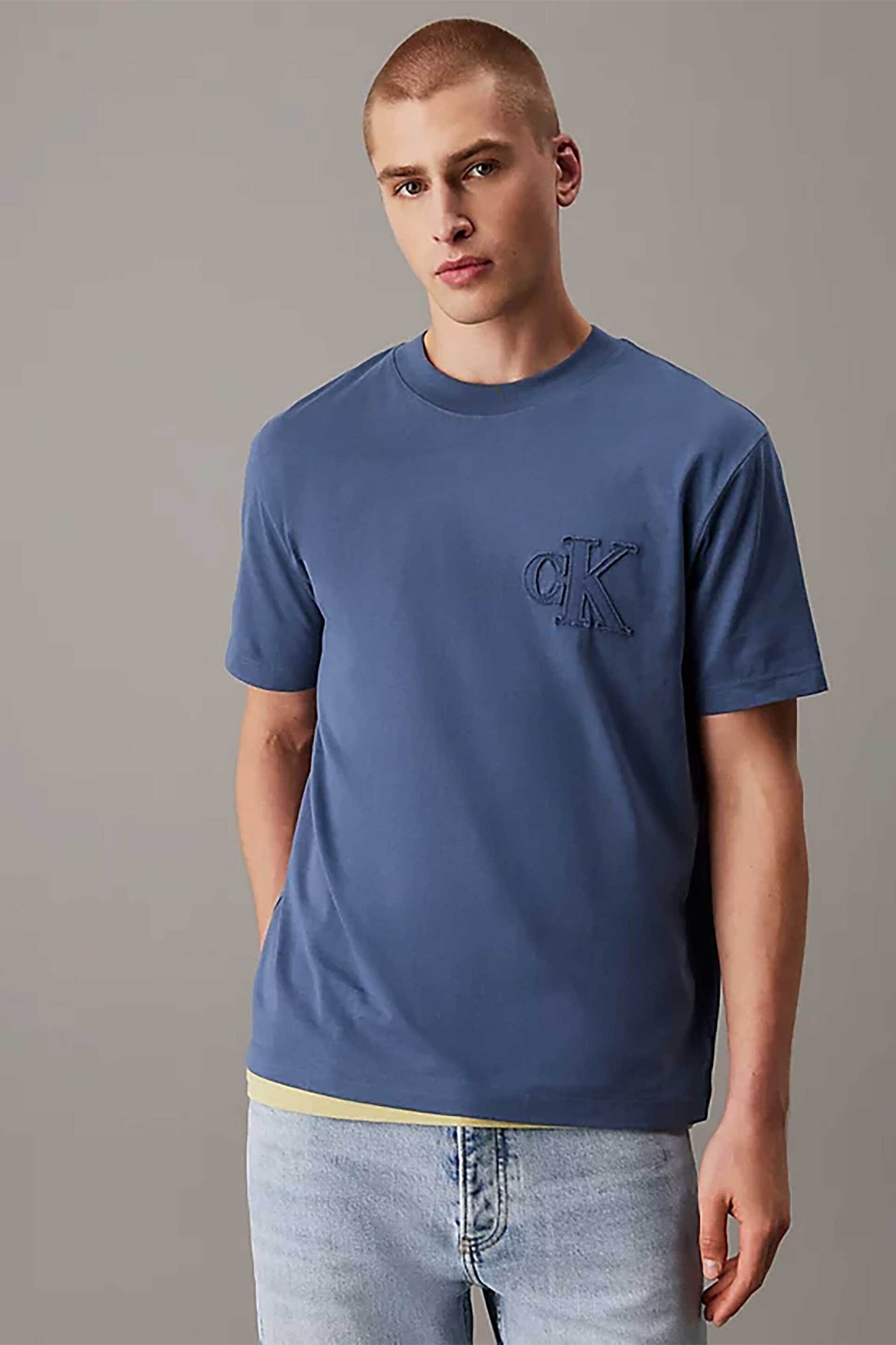 Calvin Klein Jeans ανδρικό T-shirt με κεντημένο monogram Regular Fit - J30J327494 Μπλε
