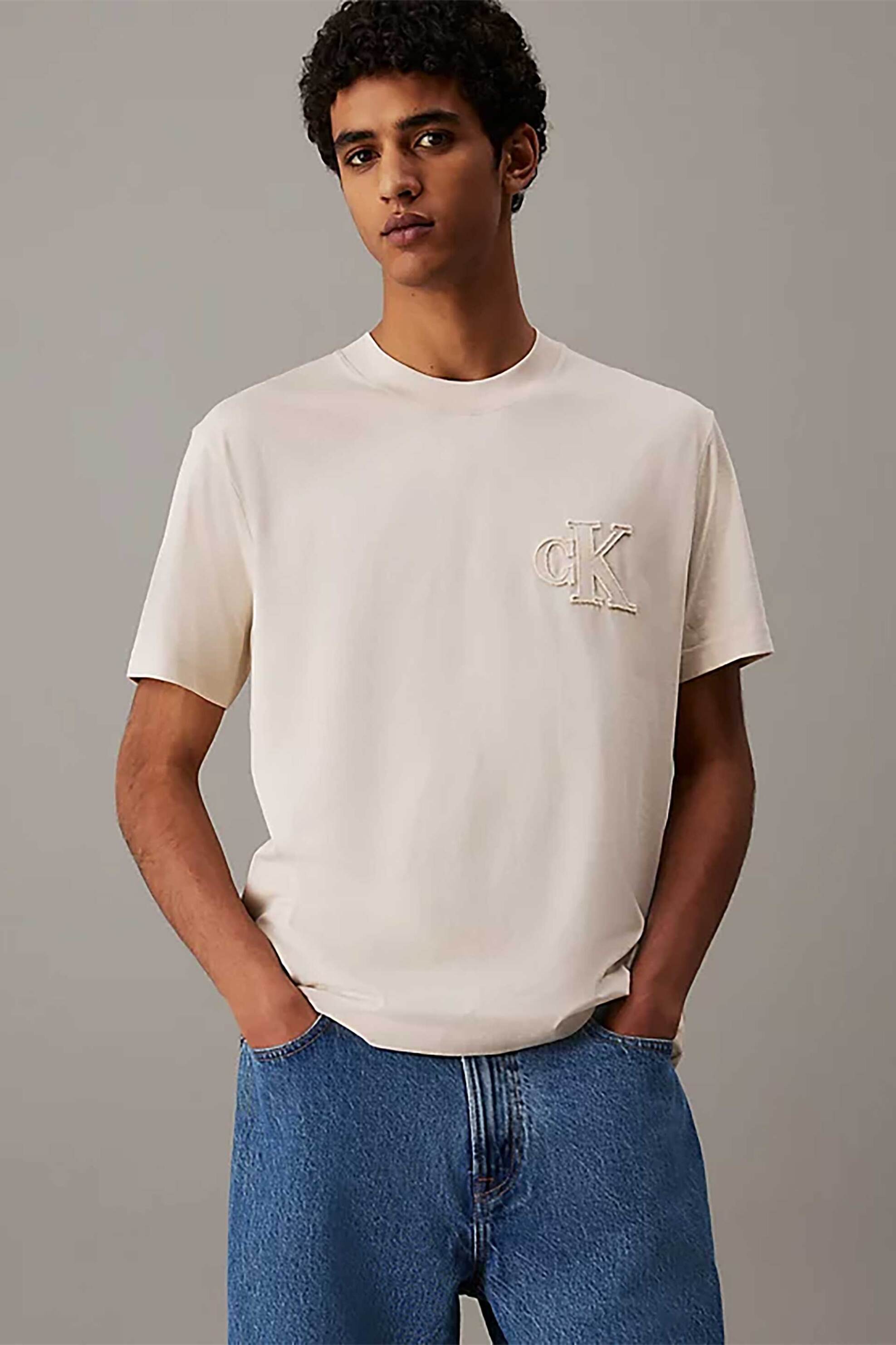 Calvin Klein Jeans ανδρικό T-shirt με κεντημένο monogram Regular Fit - J30J327494 Μπεζ
