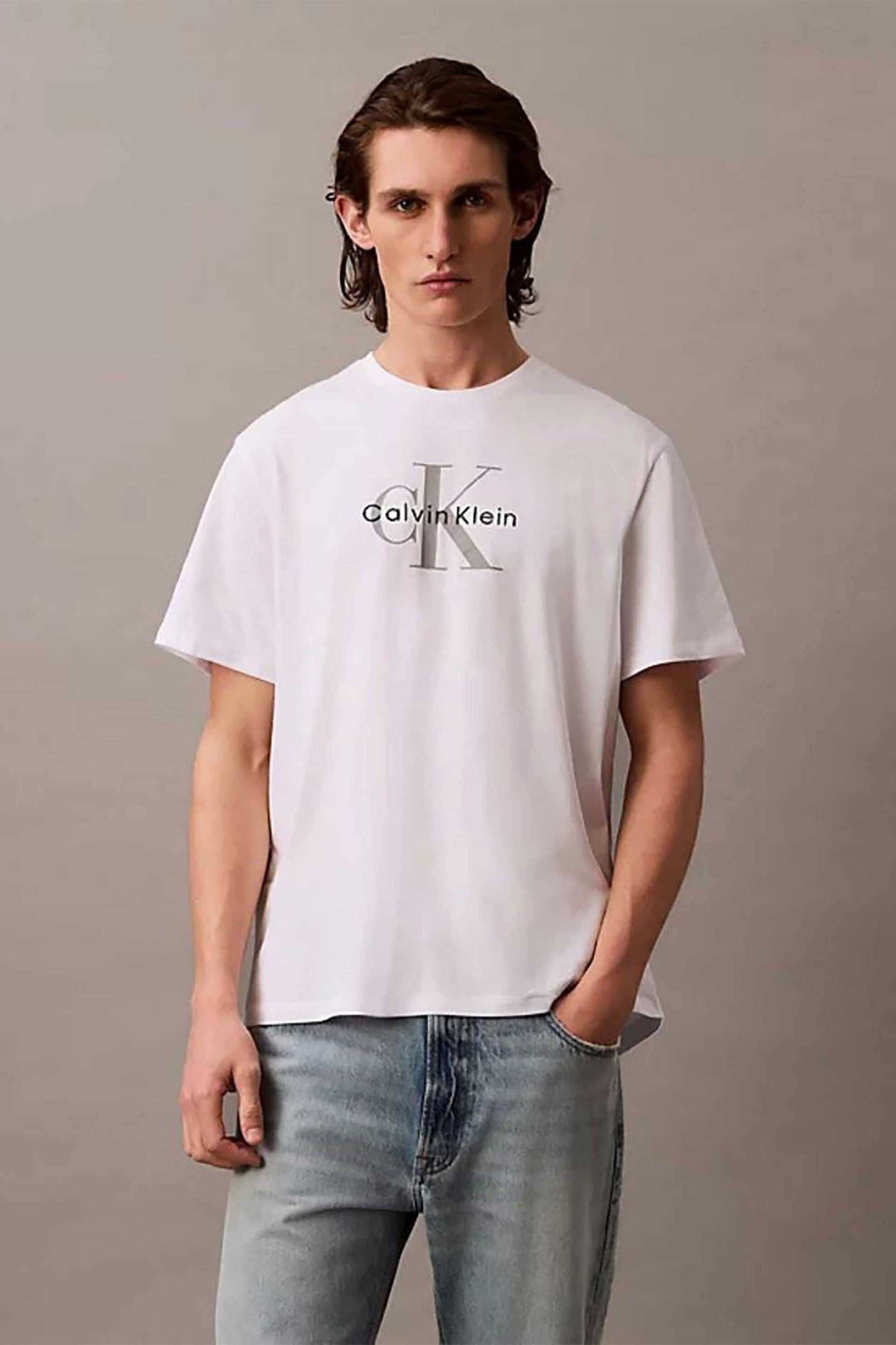 Calvin Klein Jeans ανδρικό T-shirt μονόχρωμο με λογότυπο - LV04RB862G Λευκό
