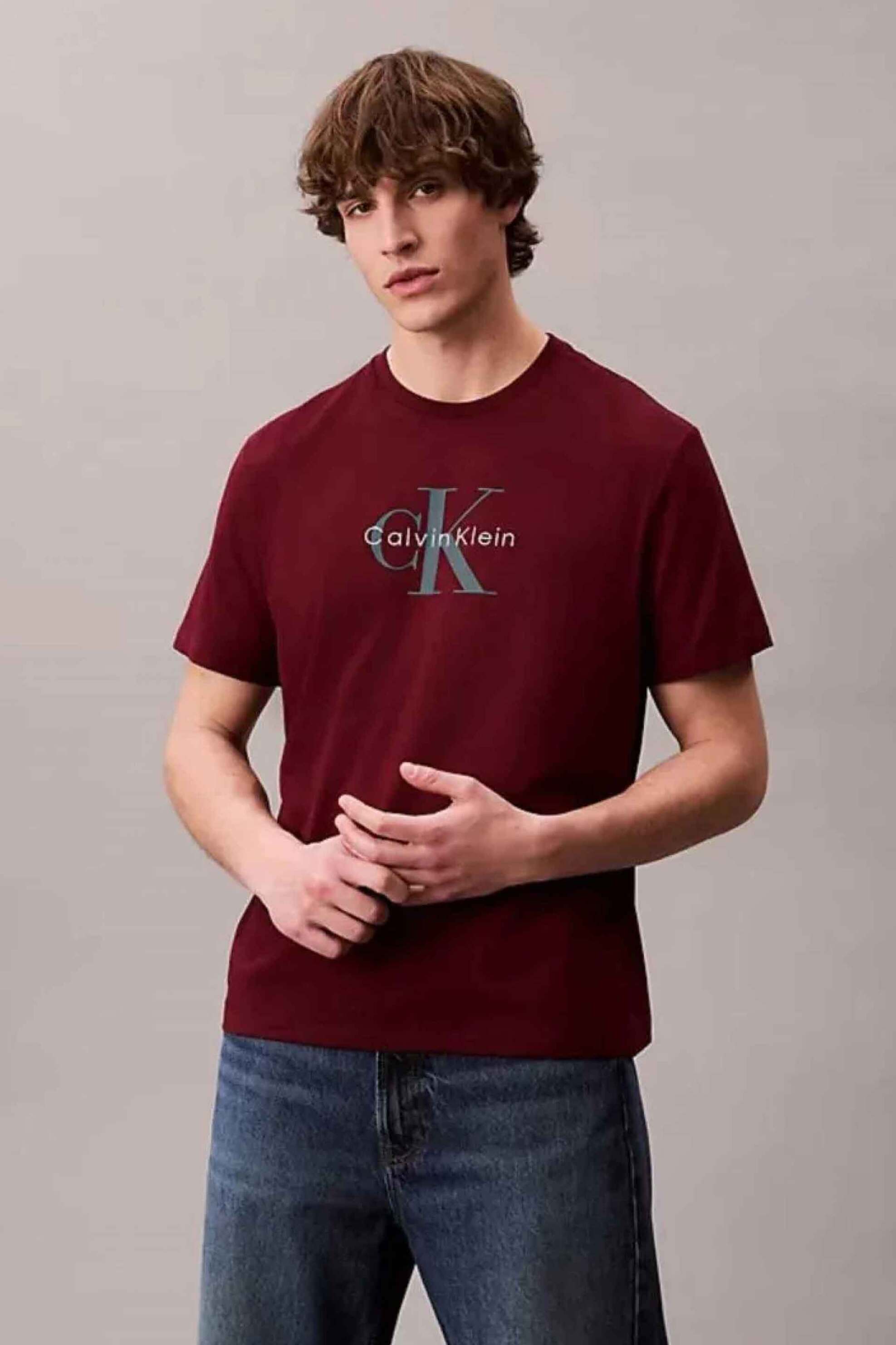 Calvin Klein Jeans ανδρικό T-shirt μονόχρωμο με λογότυπο - LV04RB862G Μπορντό