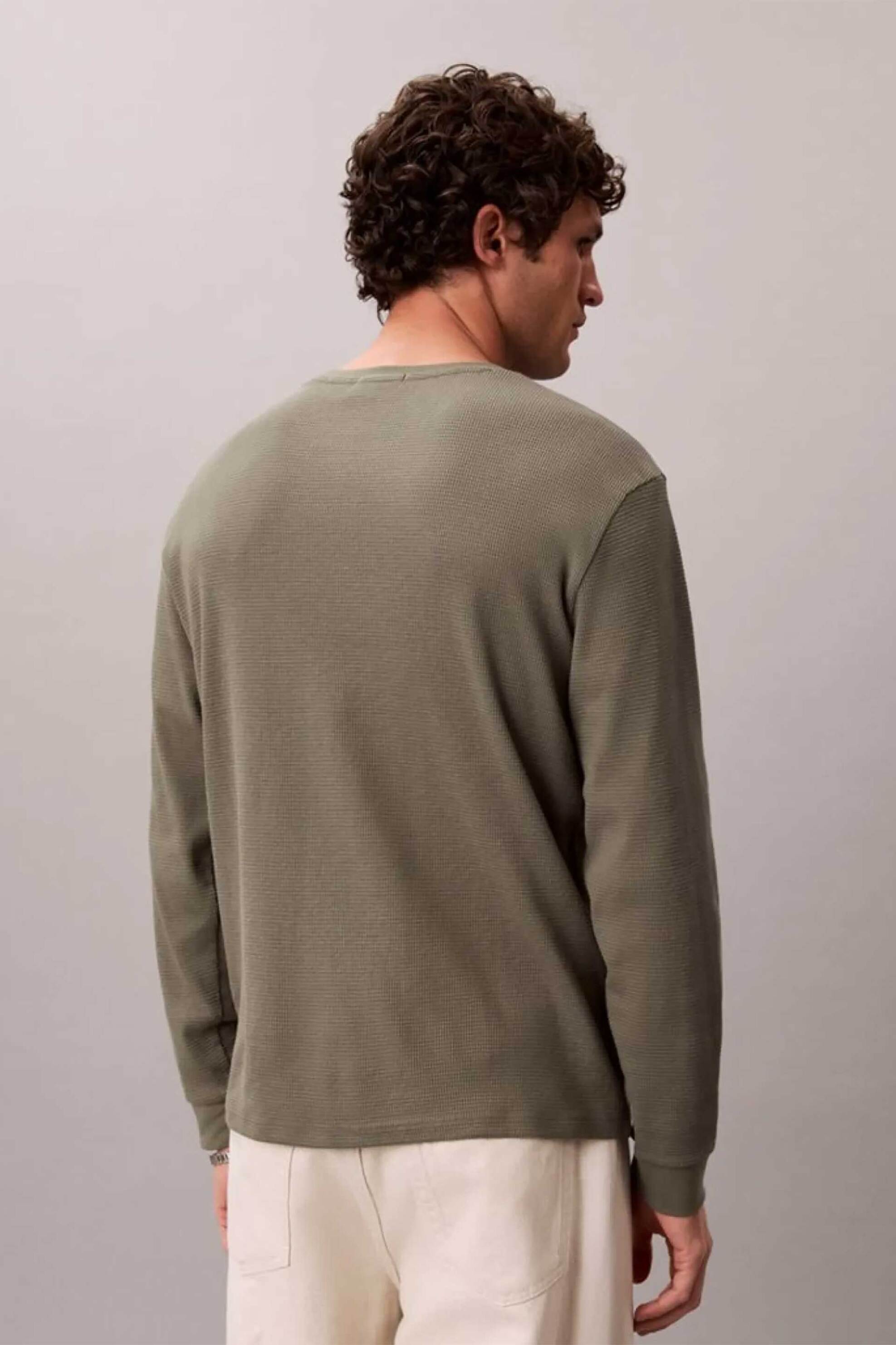 Calvin Klein Jeans Ανδρική Μακρυμάνικη Μπλούζα με Waffle Pattern Και Monogram Regular Fit - Lv040Em217 Λαδί