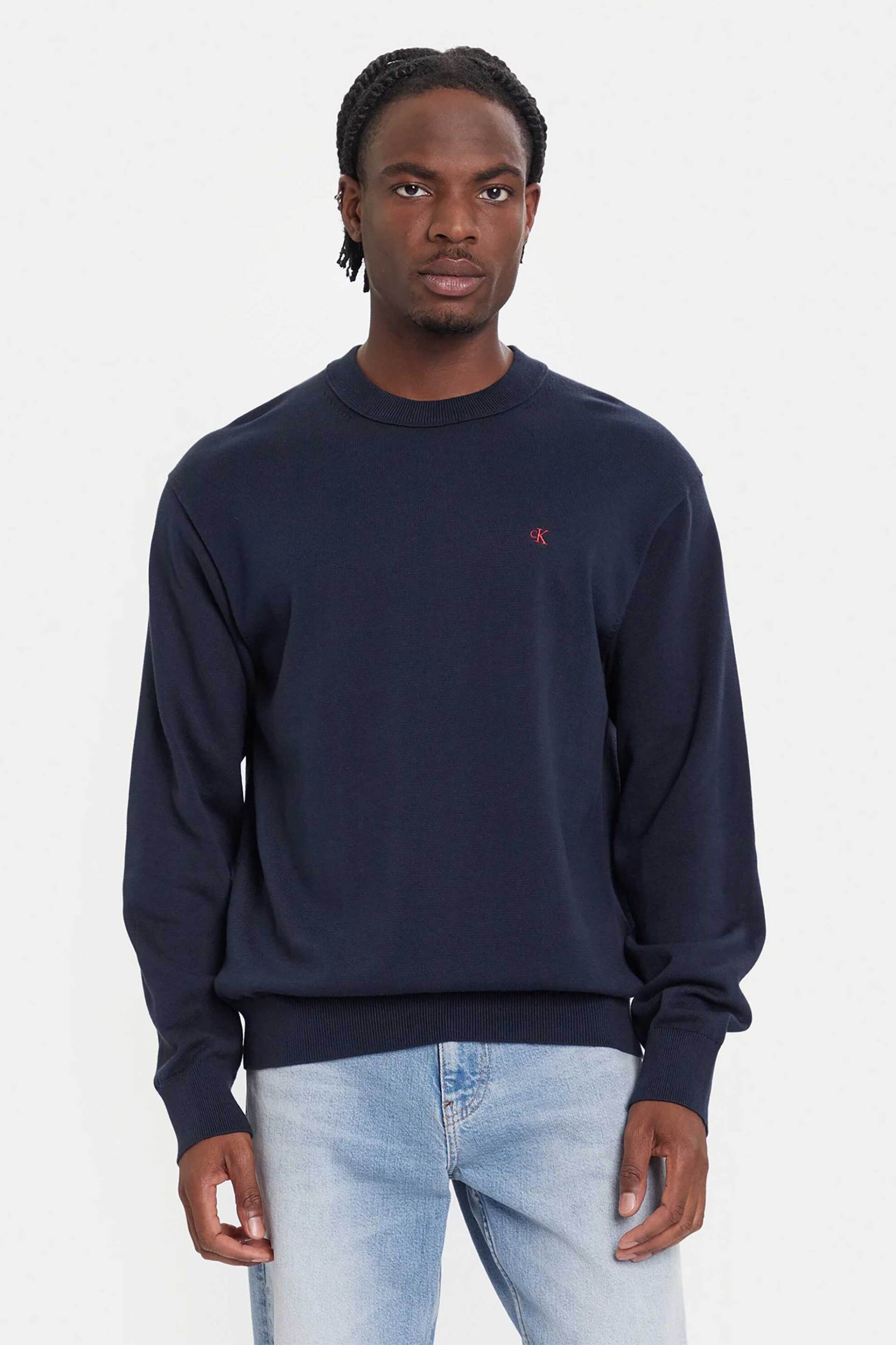 Calvin Klein Jeans ανδρικό βαμβακερό πουλόβερ με λογότυπο Regular Fit - LV04RC309G Σκούρο Μπλε